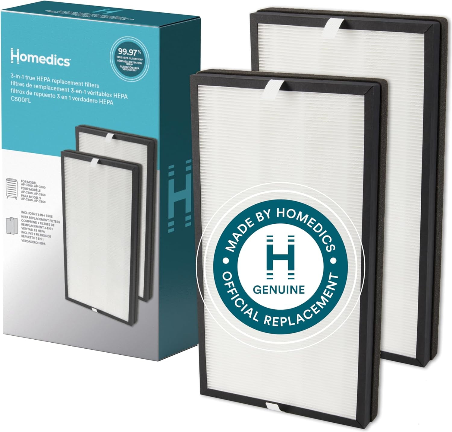 Homedics True HEPA Replacement Filter, Activated Carbon Filter, Air Cleaner, Works with Homedics AP-C500 Air Purifier, Captures Microscopic Airborne Particles