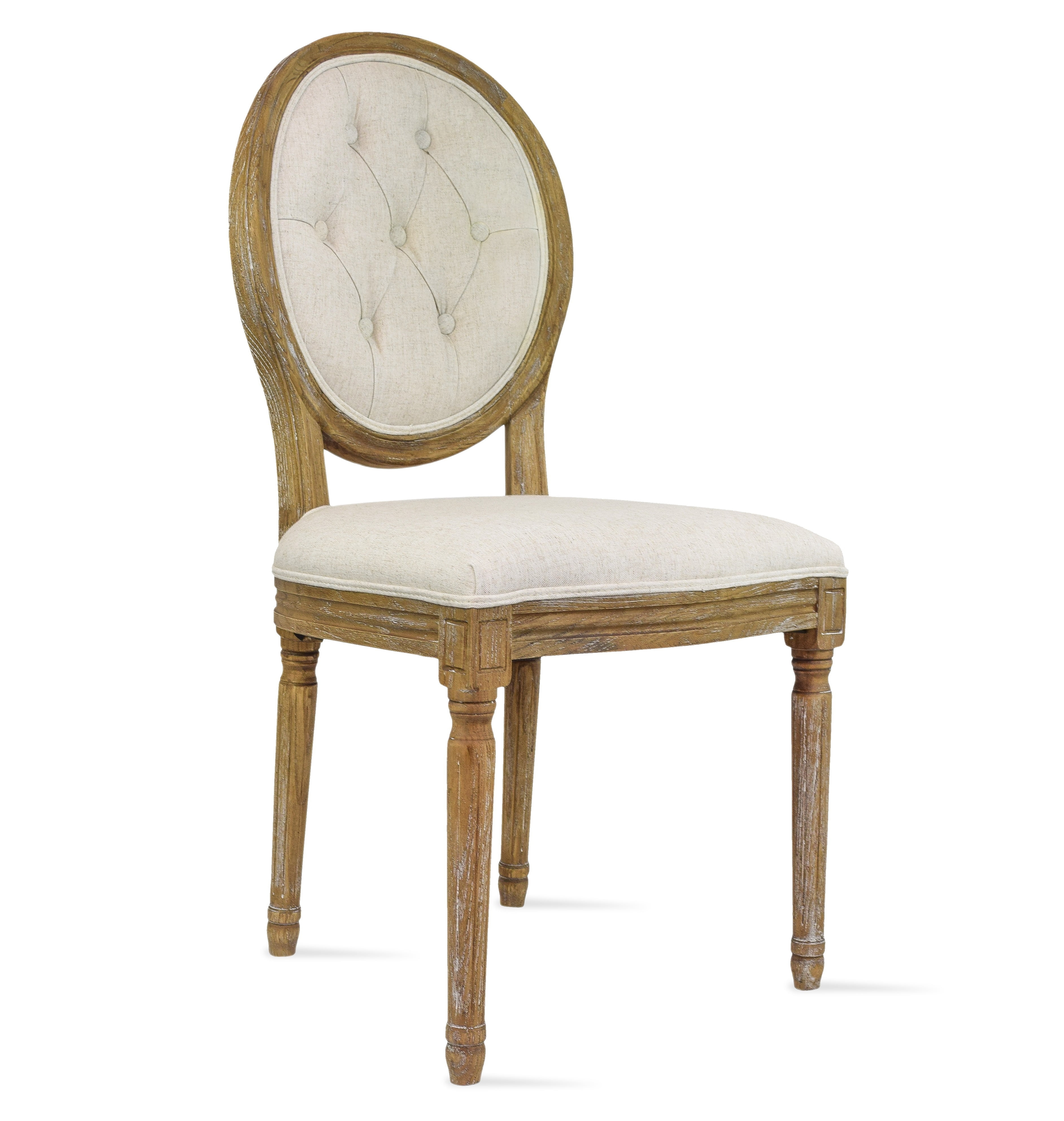 2xhome - French Chic Vintage Style Dining Side Chair With Upholstered Linen Welted Fabric And Elegant Natural Rustic Wood Frame - Tufted Button Oval Back