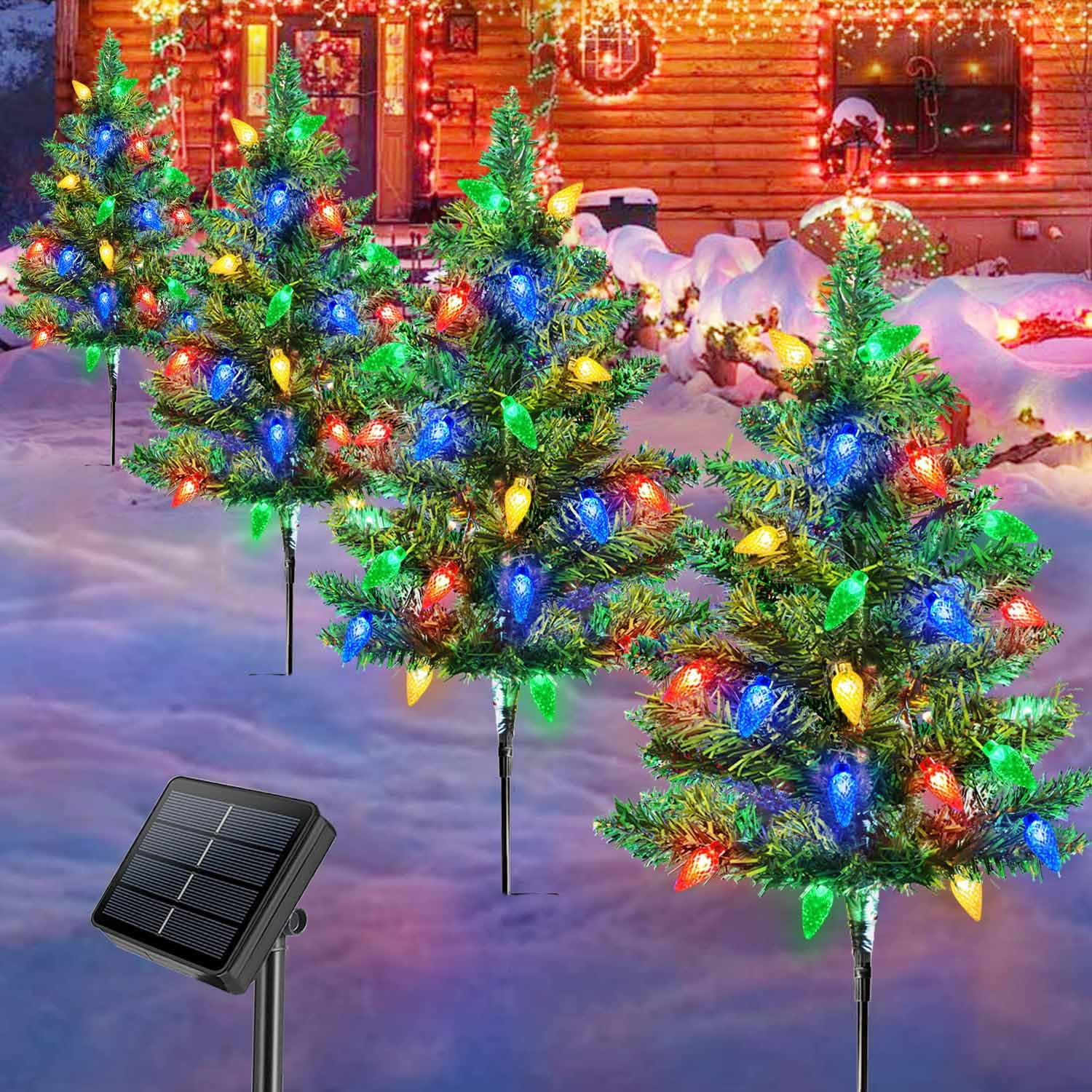 Homeleo 4 Set Solar Christmas Tree w/ 80pcs C6 LED Christmas Lights for Outdoor Christmas Decorations,Solar Powered Prelit Small Christmas Tree for Holiday Outside Pathway Garden Yard Decor C42