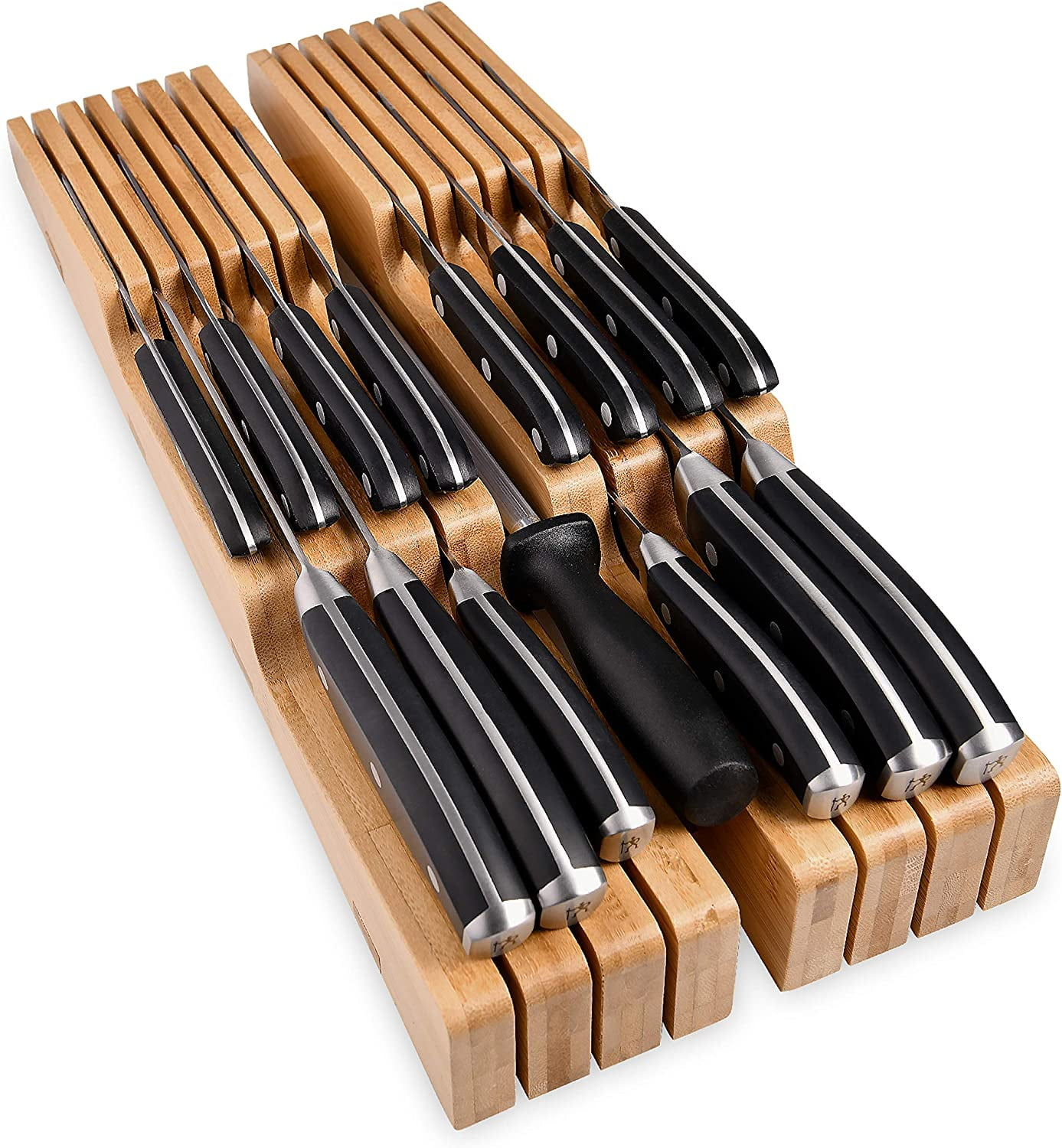Homemaid Living In-Drawer Bamboo Knife Block - Holds 14 Knives Plus a Slot for Knife Sharpener - Premium Knife Drawer Organizer (2” Tall, 17” Deep)