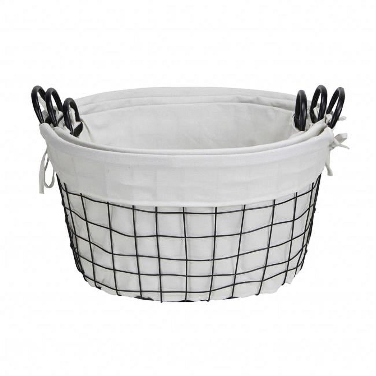 Set of 3 Oval White Lined and Metal Wire Baskets with Handles