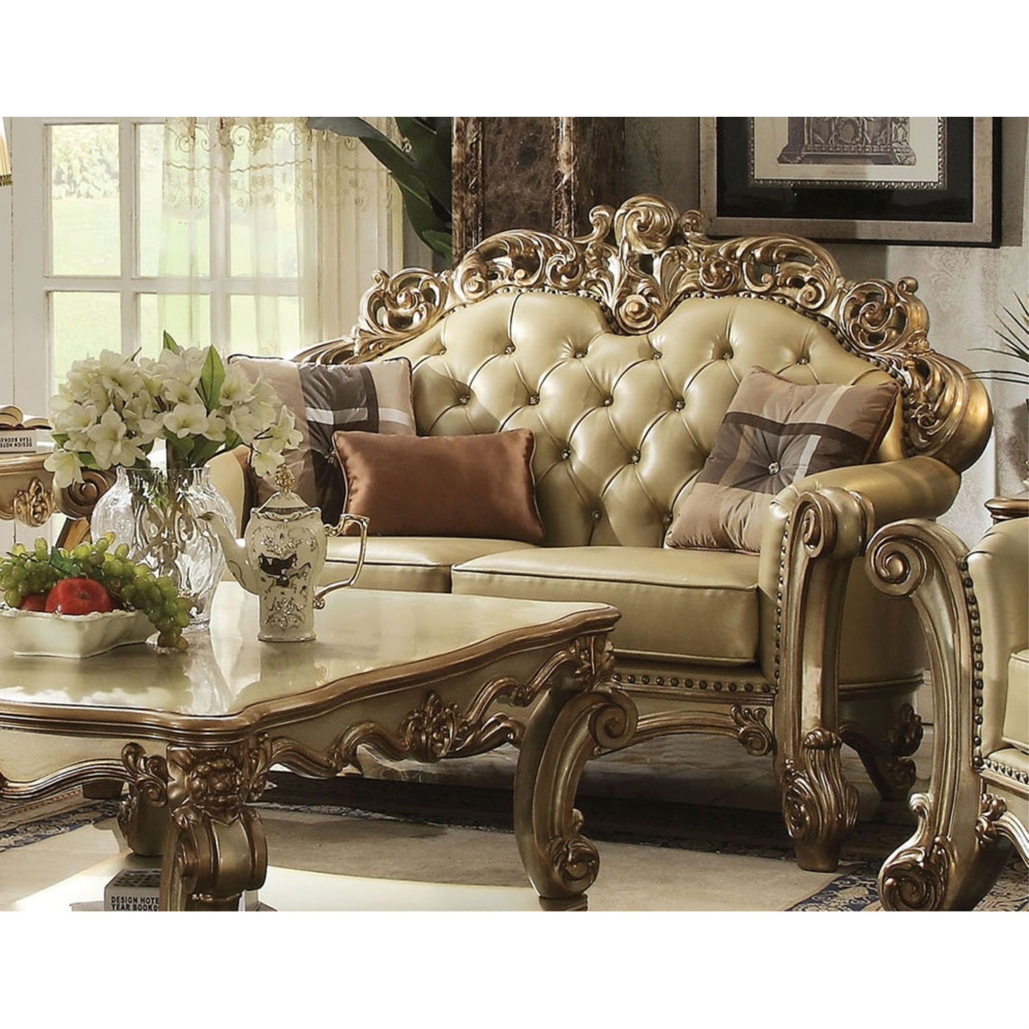 Homeroots 374238 70 x 43 in. x 48 in. Polyurethane Loveseat with 3 Pillows, Bone