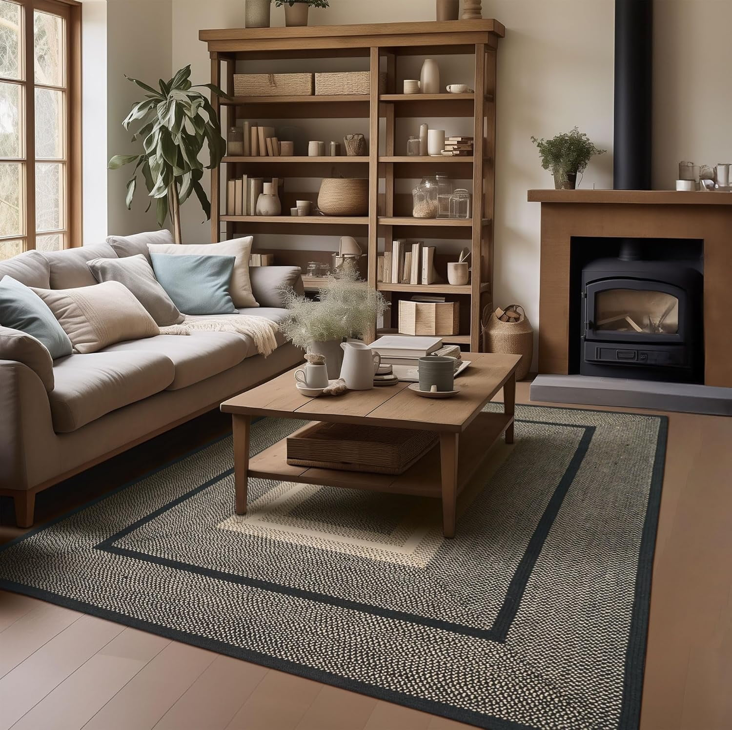 Homespice Manchester Primitive Rugs for Living Room 8x10' Black and Tan Primitive Living Room Décor