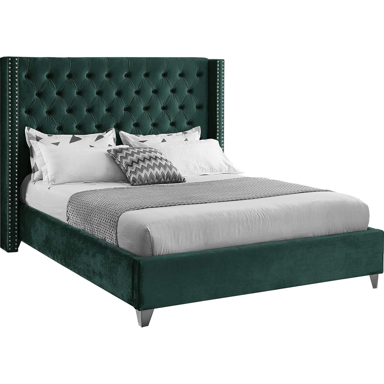 Homestock Gothic Grace Modern Contemporary Velvet Upholstered Bed with Deep Button Tufting, Solid Wood Frame, and Custom Chrome Legs-Color:Green,Size:King