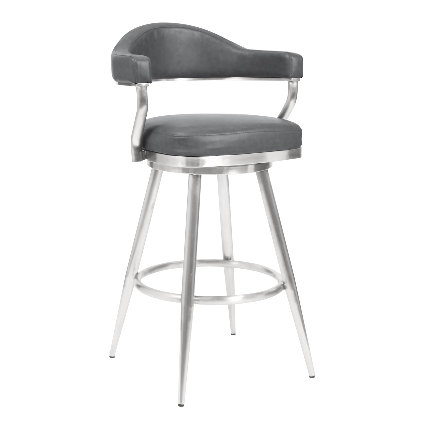 Homestock Baroque Bonanza 30" Bar Height Barstool in Brushed Stainless Steel and Gray Faux Leather
