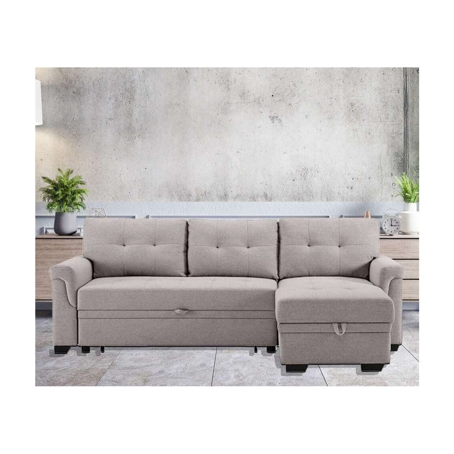 Lilola Home Hunter Light gray Linen Reversible Sleeper Sectional Sofa with Storage chaise