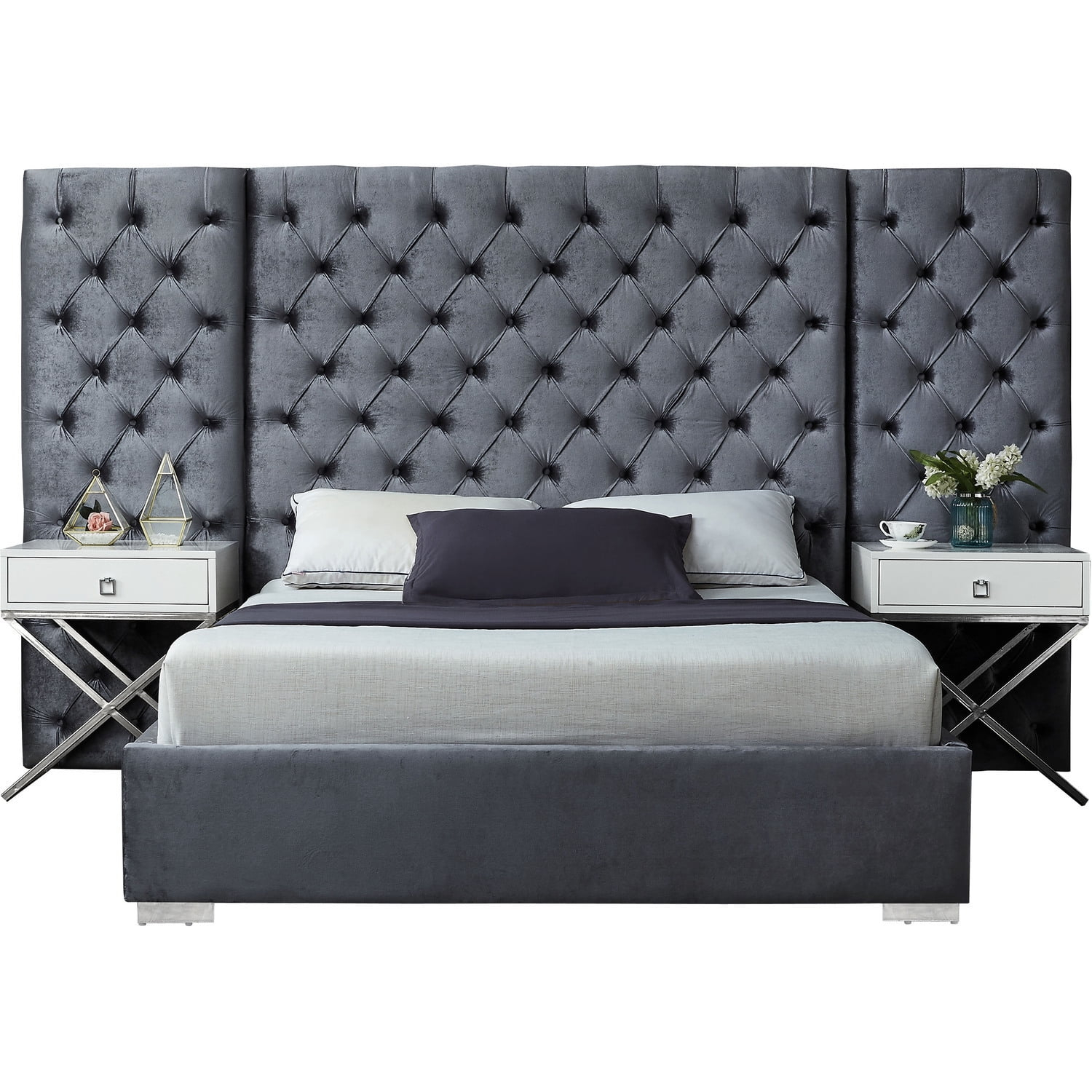 King Size Bed Grey Velvet Upholstered Platform Bed Frame Modern Bedroom Furniture
