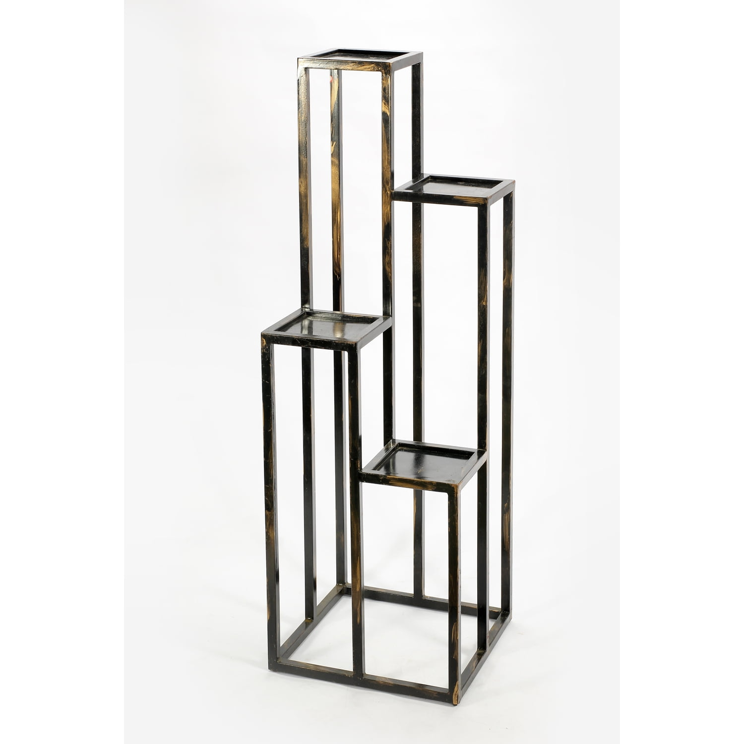 Benjara 4 Tier Cast Iron Frame Plant Stand with Tubular Legs, Black and Gold