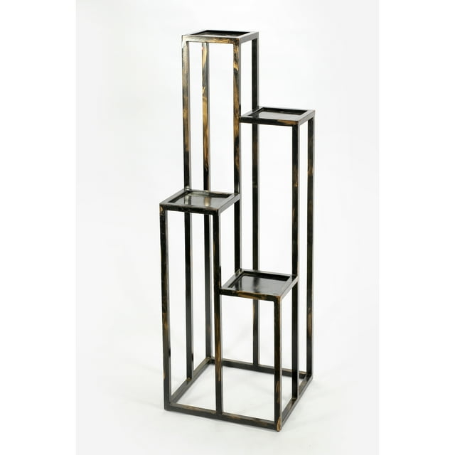 Benjara 4 Tier Cast Iron Frame Plant Stand with Tubular Legs, Black and Gold