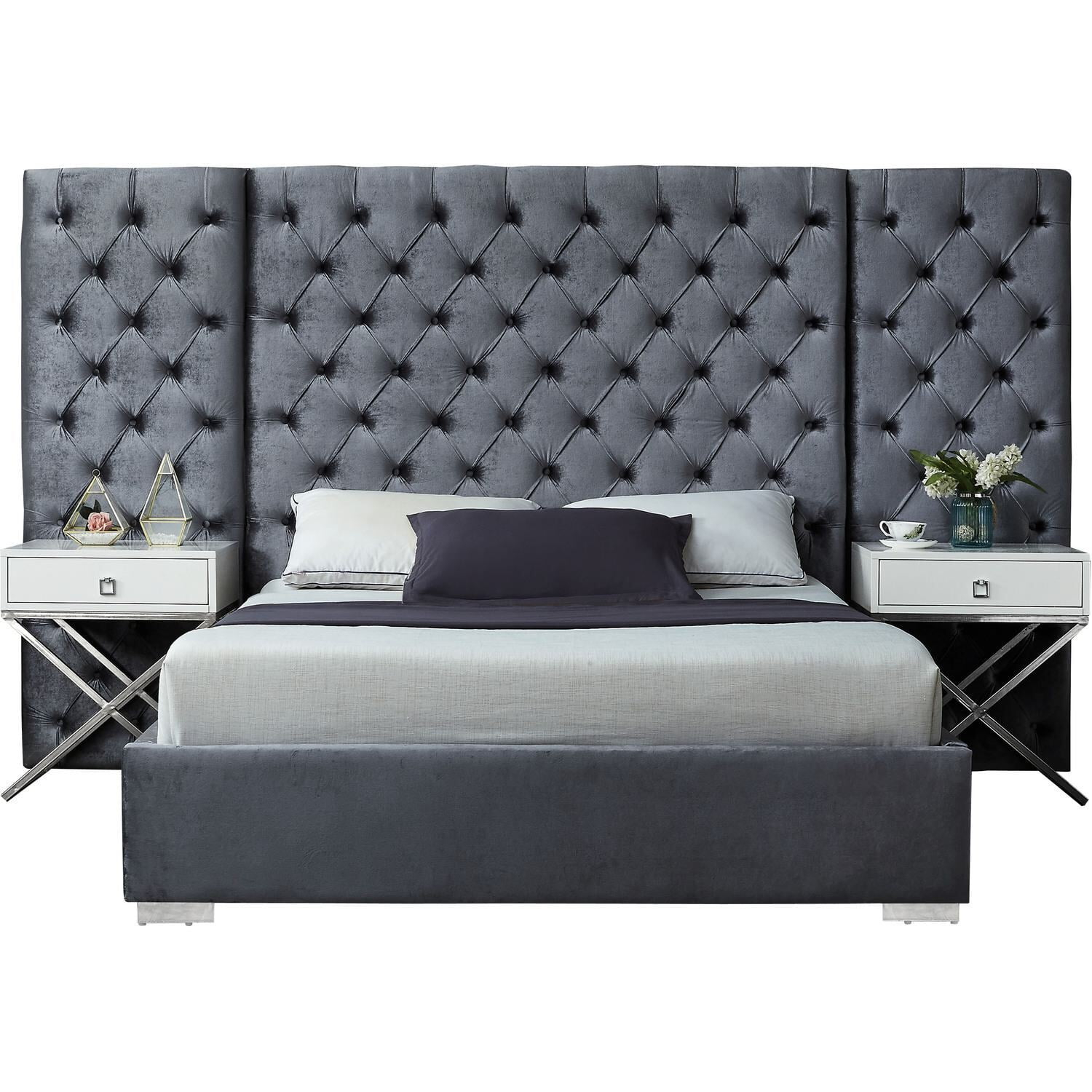 Grande Grey Velvet Queen Bed-Color:Grey Velvet,Style:Contemporary
