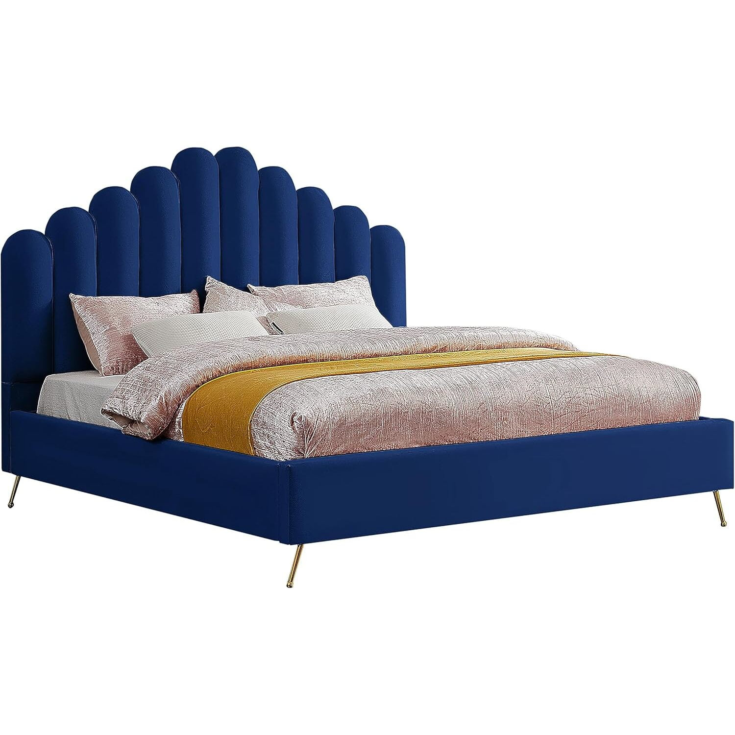 Meridian Furniture Lily Solid Wood and Tufted Velvet Full Bed in Navy