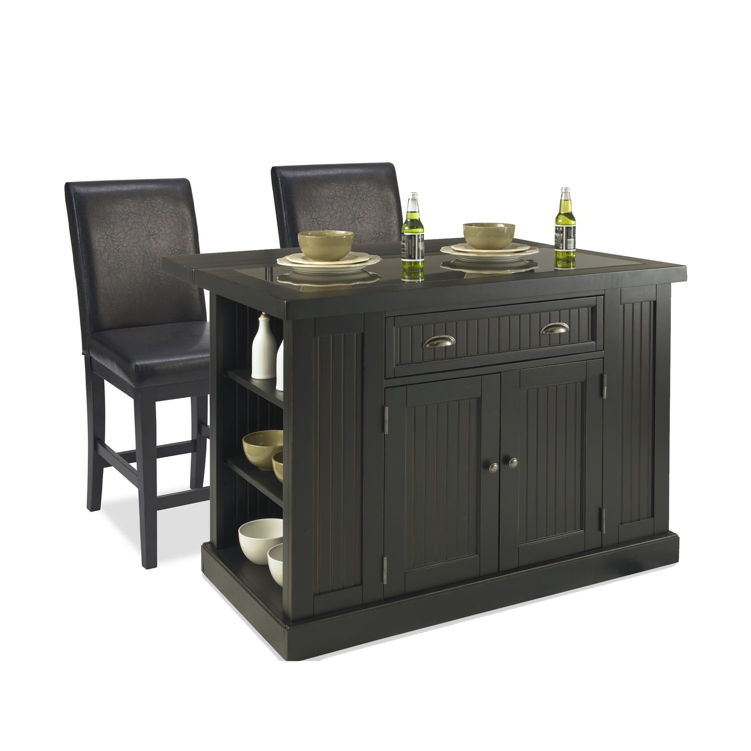 Homestyles Nantucket Wood 3 Piece Kitchen Island Set in Black