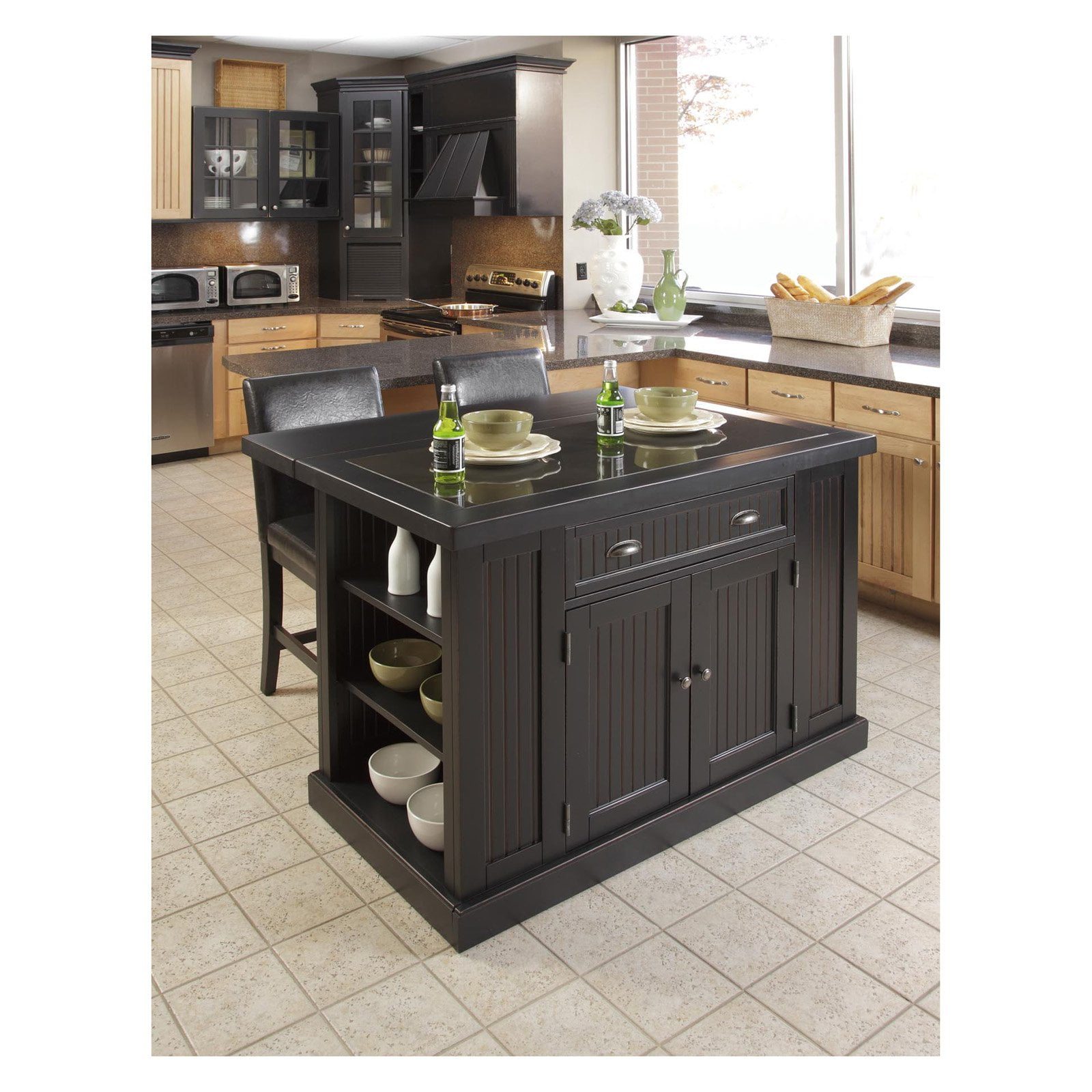 Homestyles Nantucket Wood 3 Piece Kitchen Island Set in Black