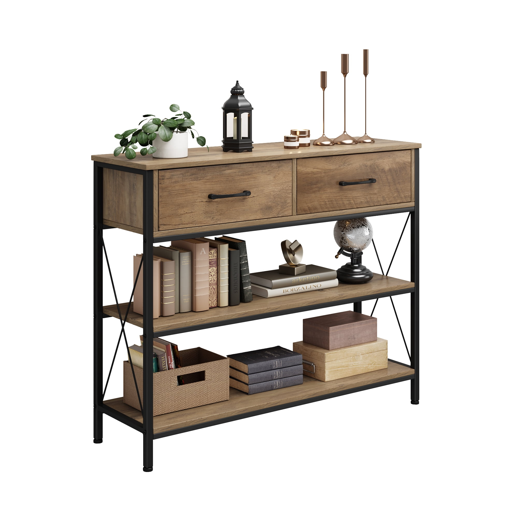 Homfa Console Table with Drawers, 11.8'' Narrow Entryway Table with Storage Shelves, Sofa Table for Living Room, Rustic Brown