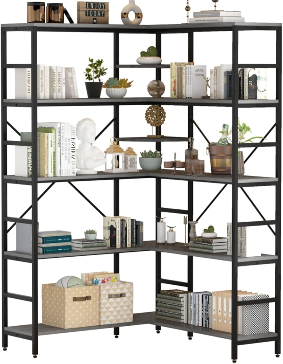 L-Shaped Corner Bookshelf, 5-Tier Industrial Bookcase with Heavy-Duty Metal Frame, Tall Storage Display Shelf for Bedroom, Living Room, and Home Office