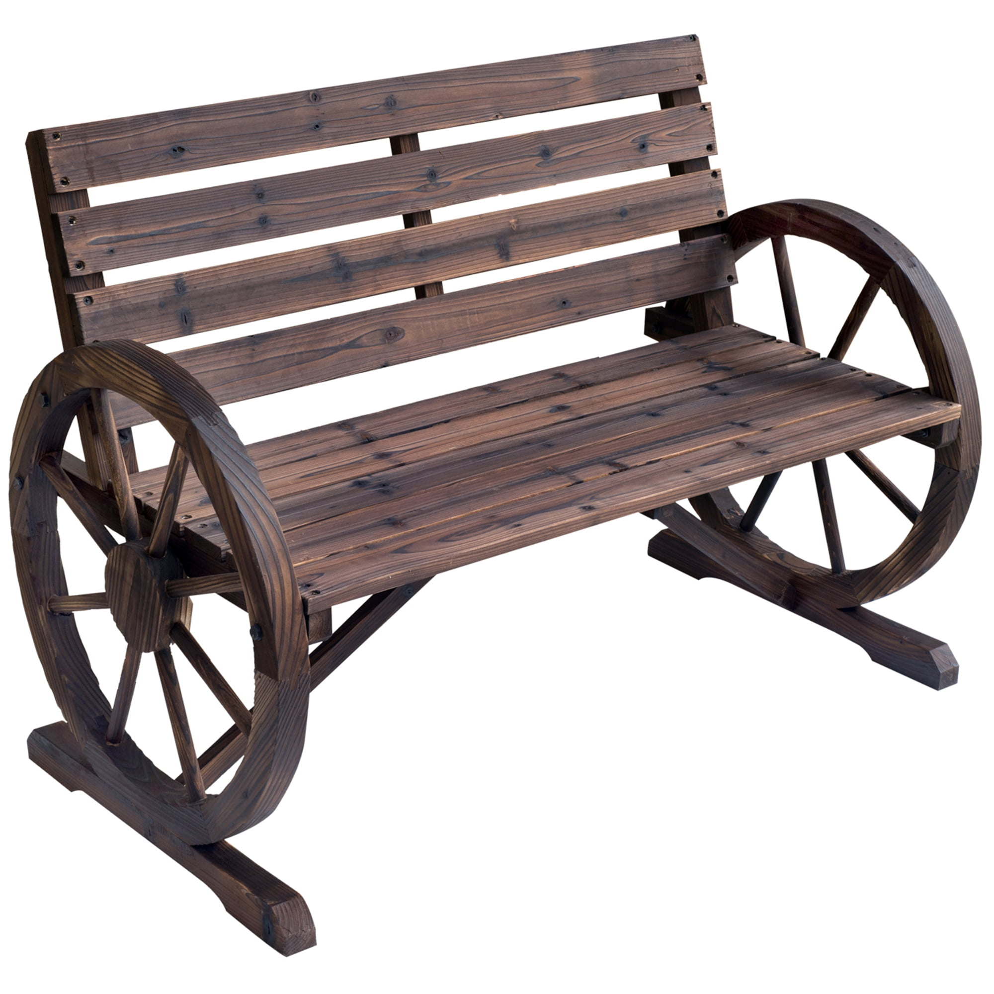 ZWNLKQG Wooden Wagon Wheel Bench  Rustic Outdoor Patio   2-Person Seat Bench for Backyard  Patio  Garden  41.5" x 23.25" x 29.5"  Brown