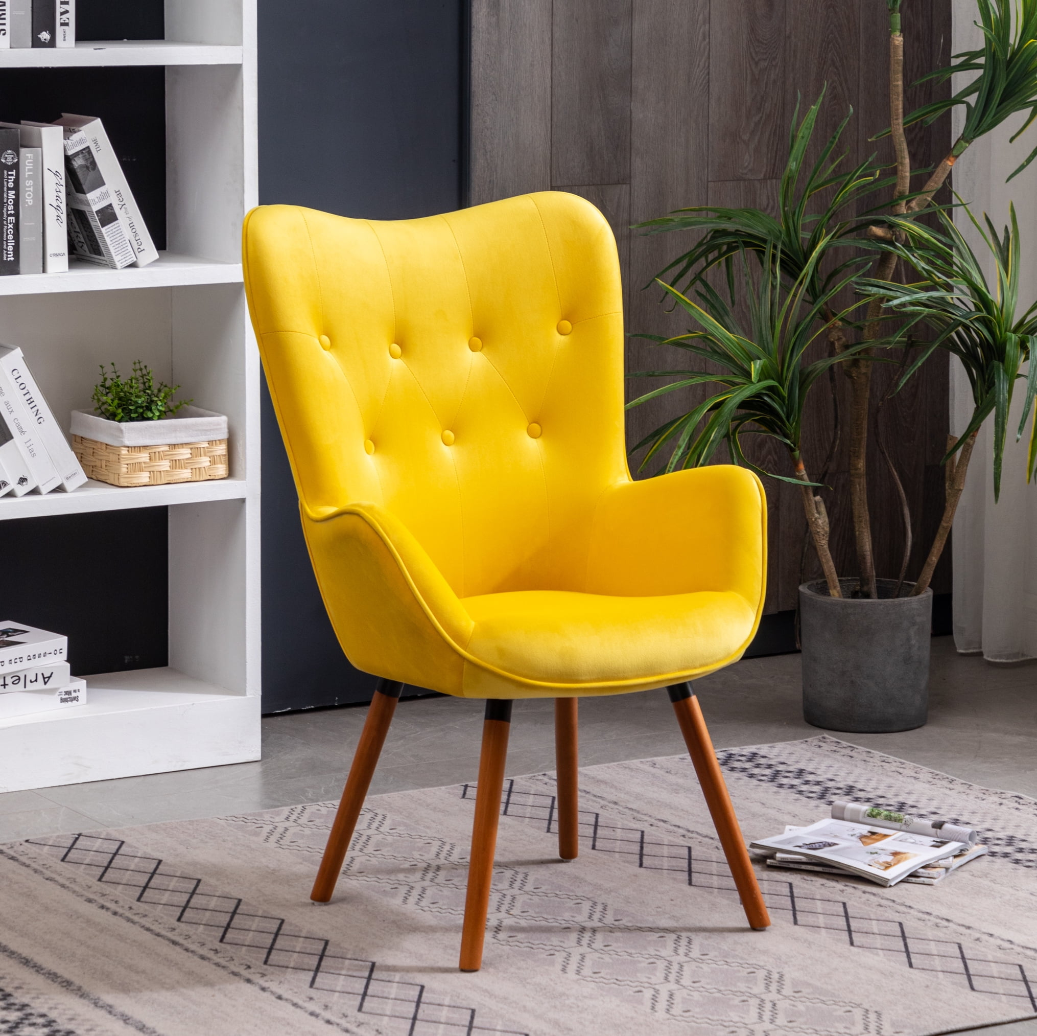 Homiyad Doarnin Contemporary Silky Velvet Tufted Button Back Accent Chair, Yellow