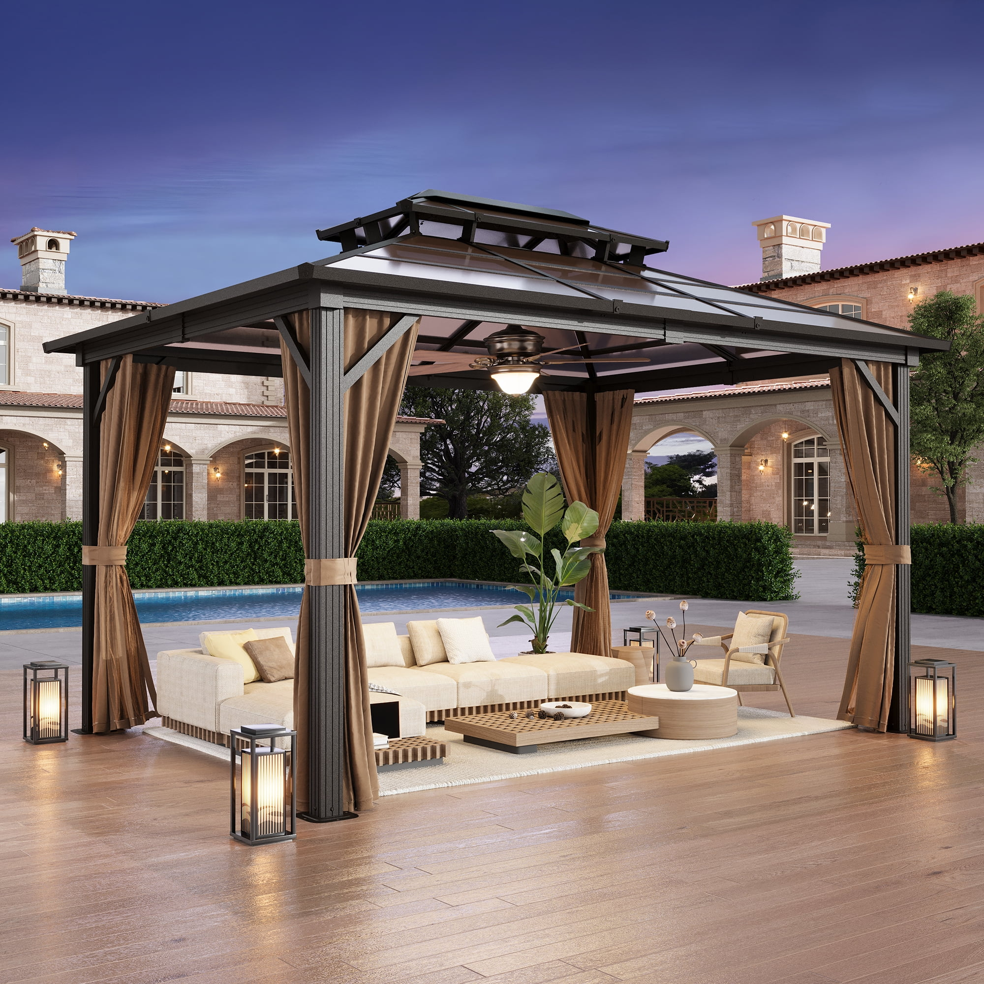 Erommy 10' x 13' Double Roof Hardtop Gazebo, Aluminum Frame Polycarbonate Roof