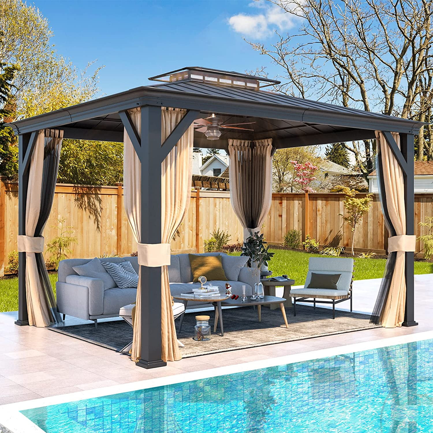 Erommy 12'x10' Hardtop Gazebo, Outdoor Gazebo Canopy, Acrylic & Galvanized Steel Roof, Aluminum Frame with Curtains and Netting, Sunshade for Garden