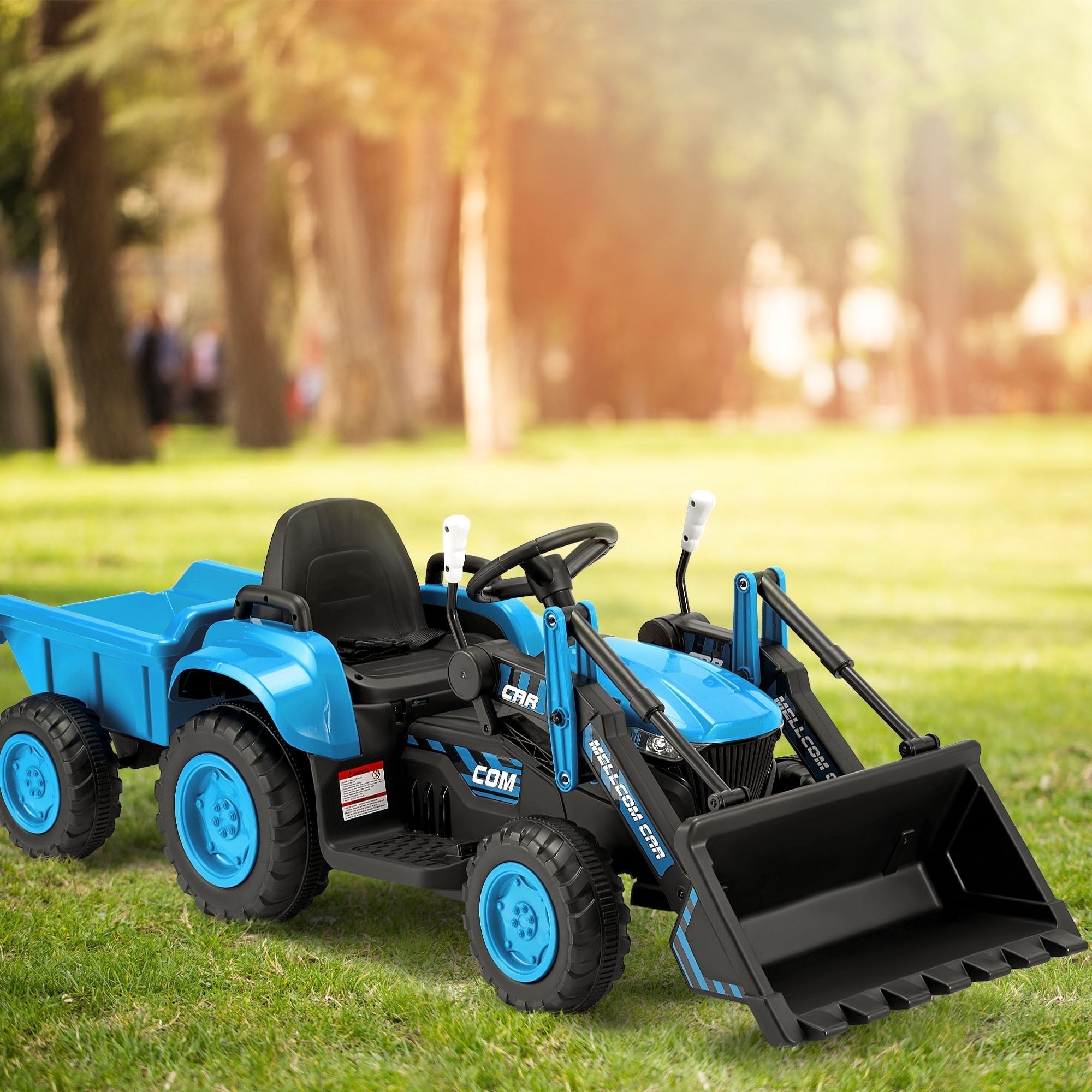 Erommy Ride on Bulldozer Toys with Remote Control, 12 V Battery Powered Ride on Tractor with Trailer, Front Loader Bucket, Horn, Lights, Music