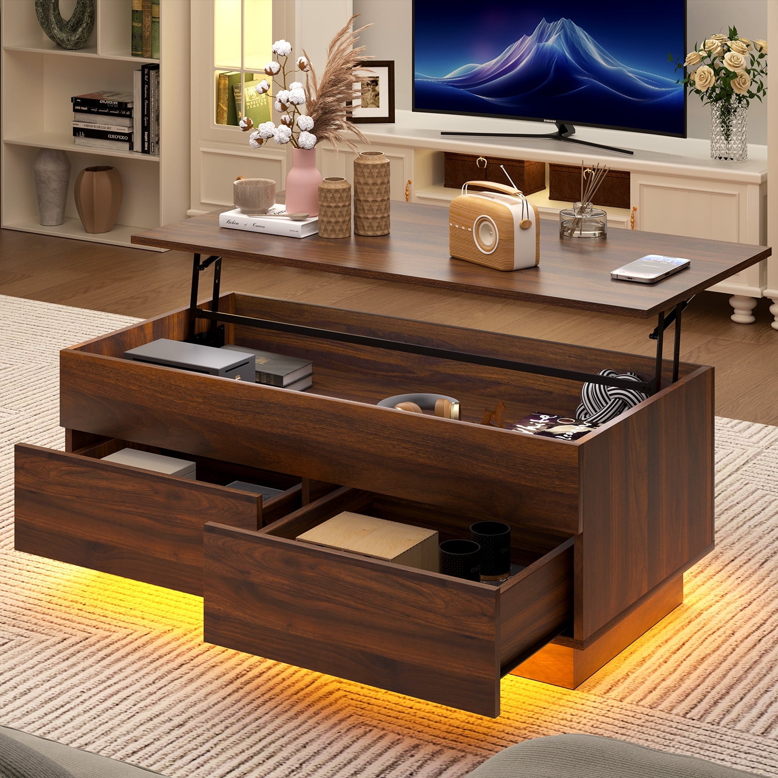 Hommpa Lift Top Coffee Table with Hidden Compartment LED Coffee Tables Dark Walnut Center Rising Cocktail Table for Living Room Accent Furniture
