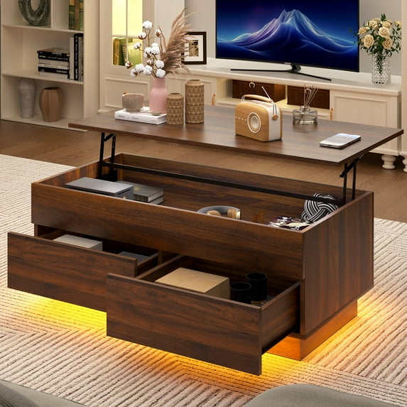 Hommpa Lift Top Coffee Table with Hidden Compartment LED Coffee Tables Dark Walnut Center Rising Cocktail Table for Living Room Accent Furniture