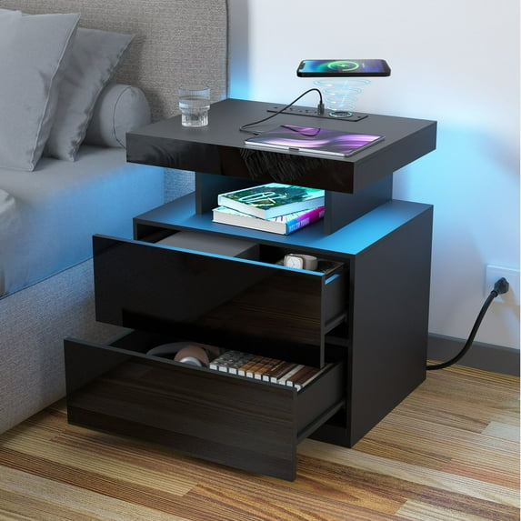 Black Nightstand with Wireless Charging Station and LED Lights, Bedside Table with 2 Drawers, Open Storage, 1 Pull-Out Tray, End Side Table with Storage