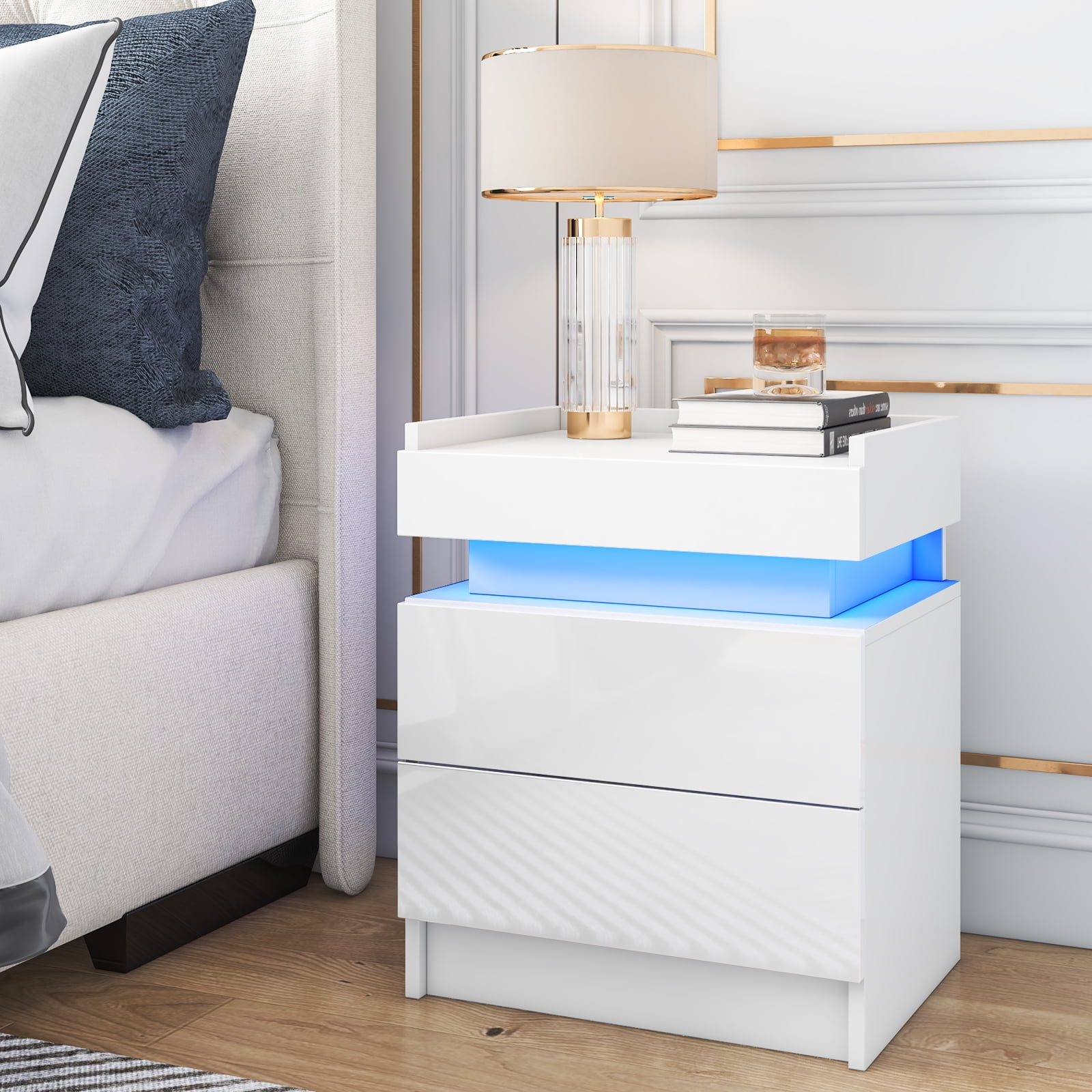 Hommpa High Gloss Tall 2 Drawer Nightstand LED Bedside Table Cabinet Bedroom Furniture White