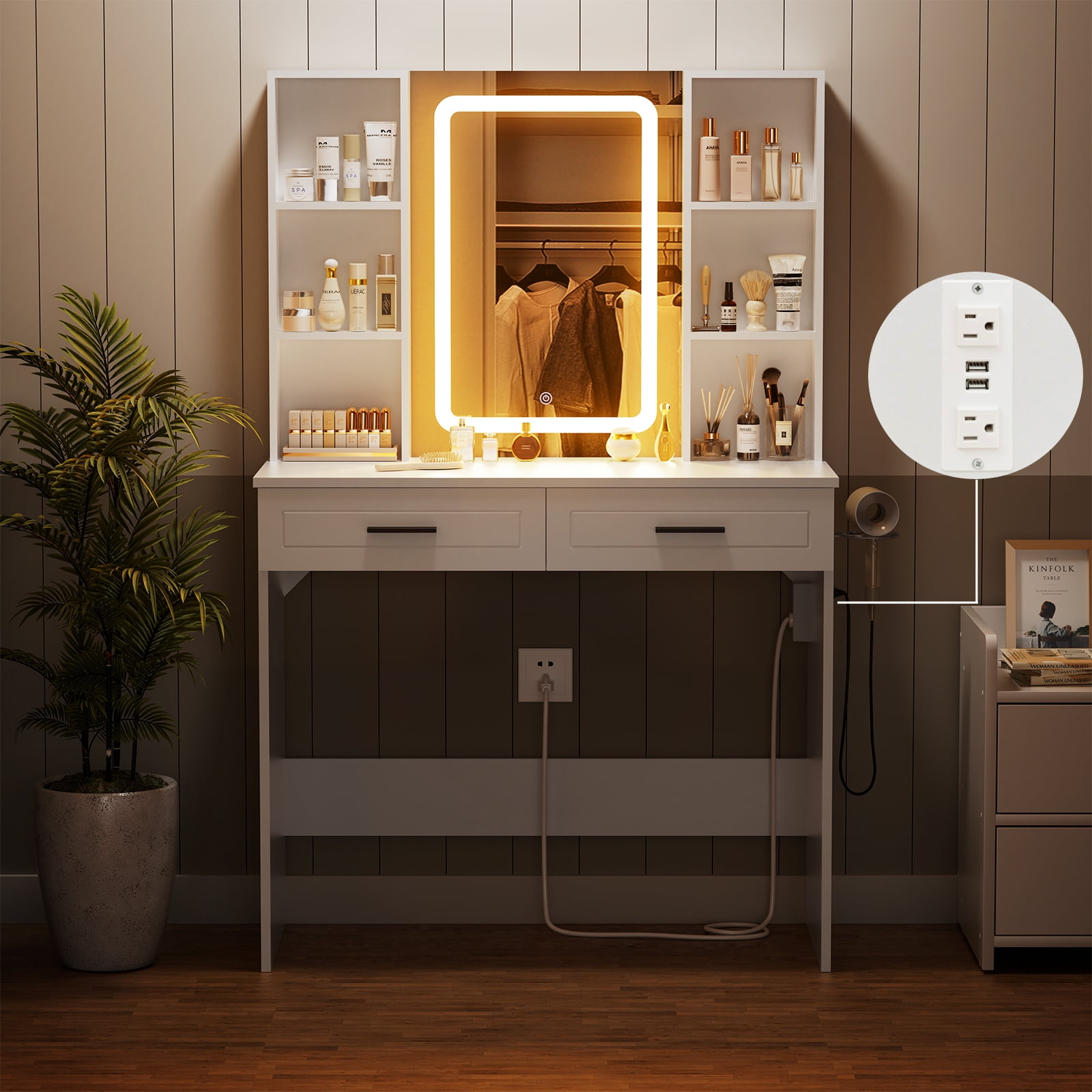 Hommpa Vanity Set with Mirror, Girls Makeup Vanity with  LED Lights, White Vanity Desk with Drawers, Vanity Table with Charging Station for Women Bedroom Storage