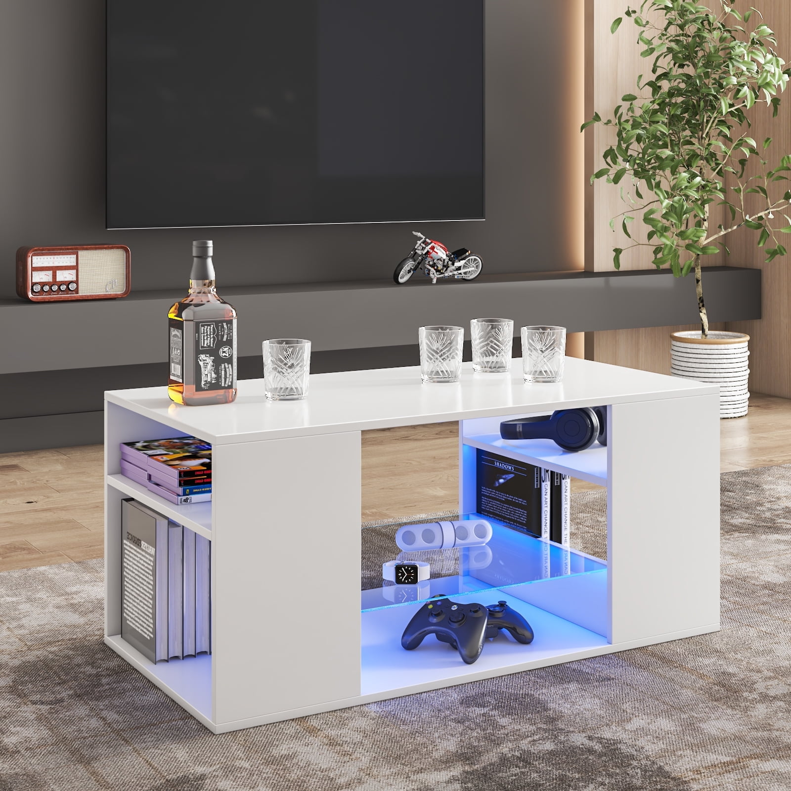 Hommpa White Coffee Table LED Coffee Table with Storage Modern Living Room Table Glass Open Shelves Rectangle Cocktail Center Tables High Gloss