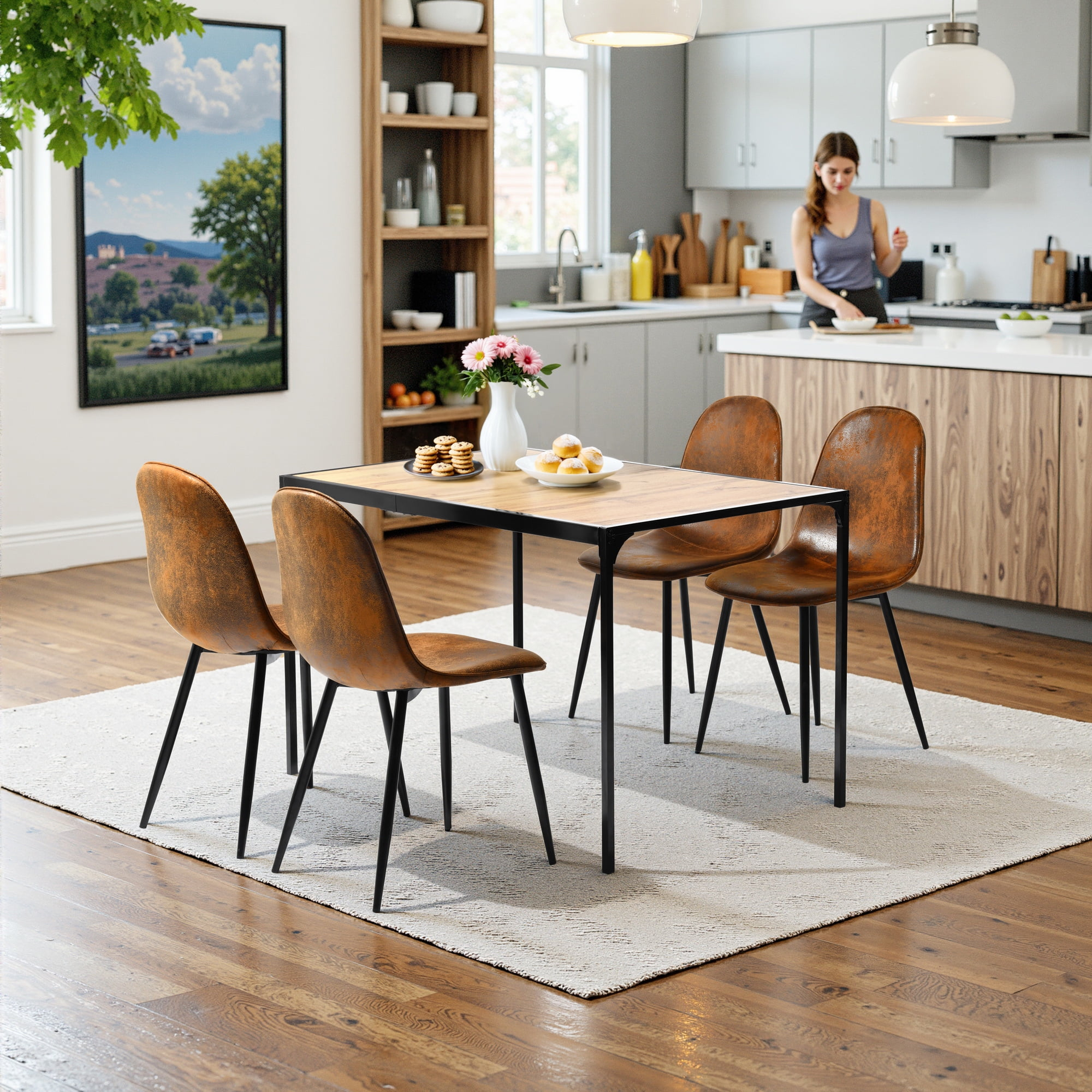 Homy Casa Dining Chair Set of 4, Fabric Suede Dining Room Side Chairs with Metal Legs for Living Room, Brown
