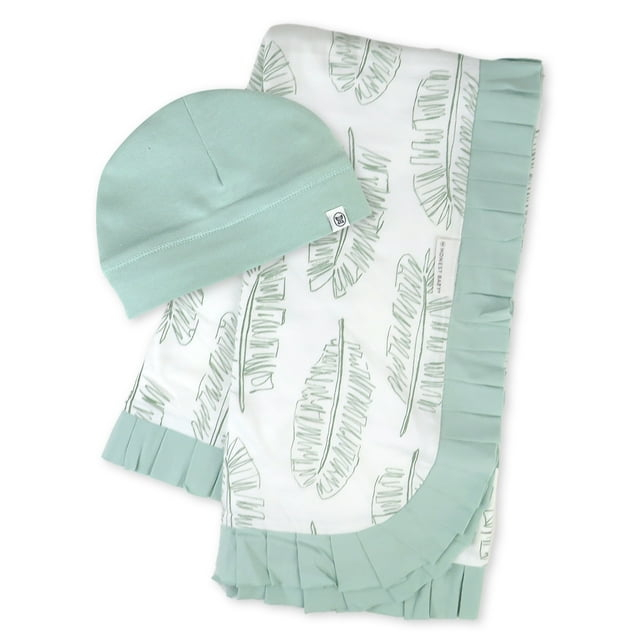 Honest Baby Clothing Organic Cotton Boy/Girl 2-Piece Stroller Blanket and Beanie Hat Gift Set, Sage