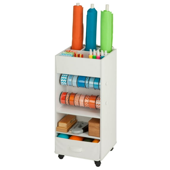 Honey-Can-Do 5-Tier Craft or Gift Wrap Storage Cart with Fabric Drawer, Dowel Rods, and Compartments, White