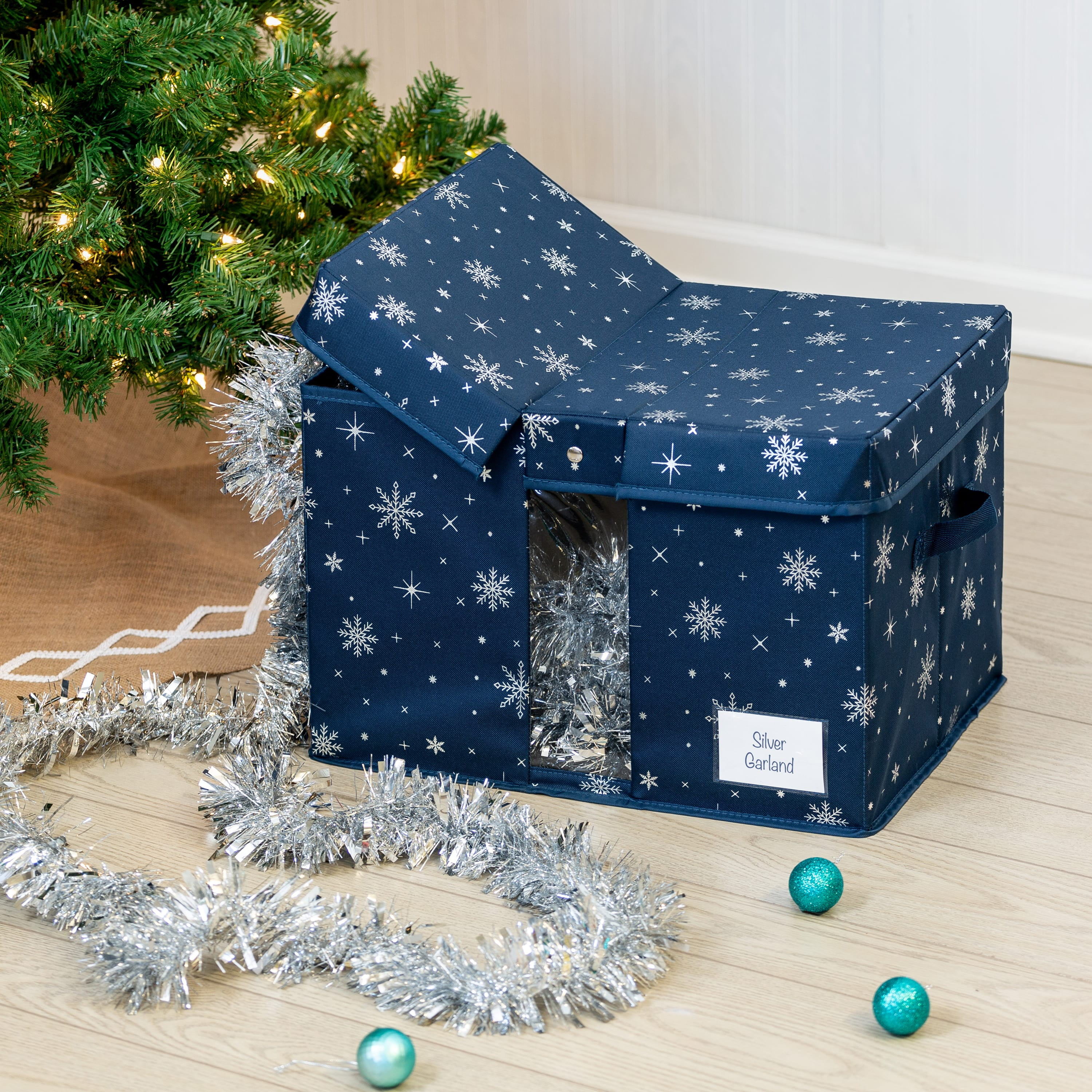Honey-Can-Do Deluxe Polyester Holiday Décor Storage Box, Navy Snowflake