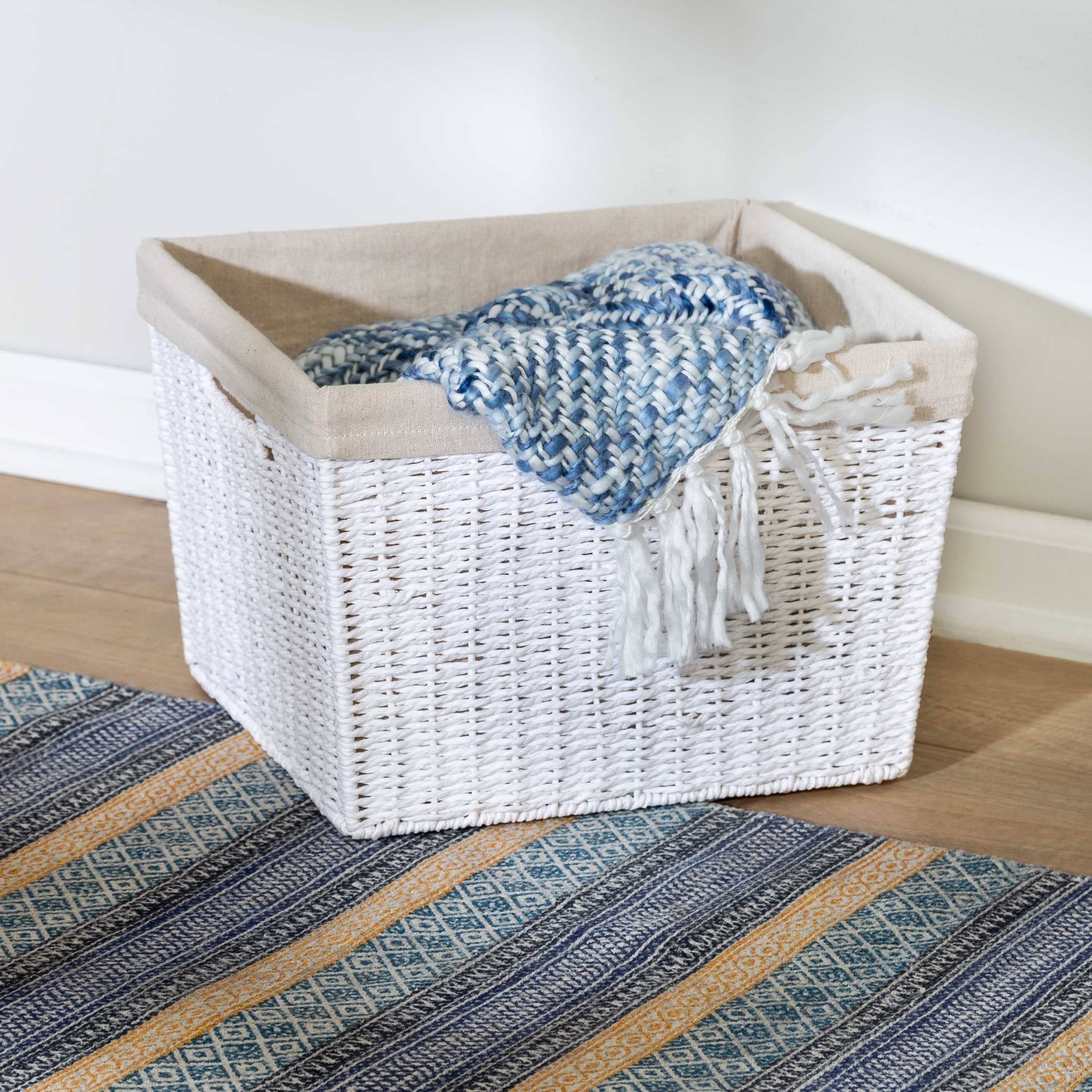 Honey-Can-Do Paper Rope and Steel Large Storage Basket with Liner, White/Natural