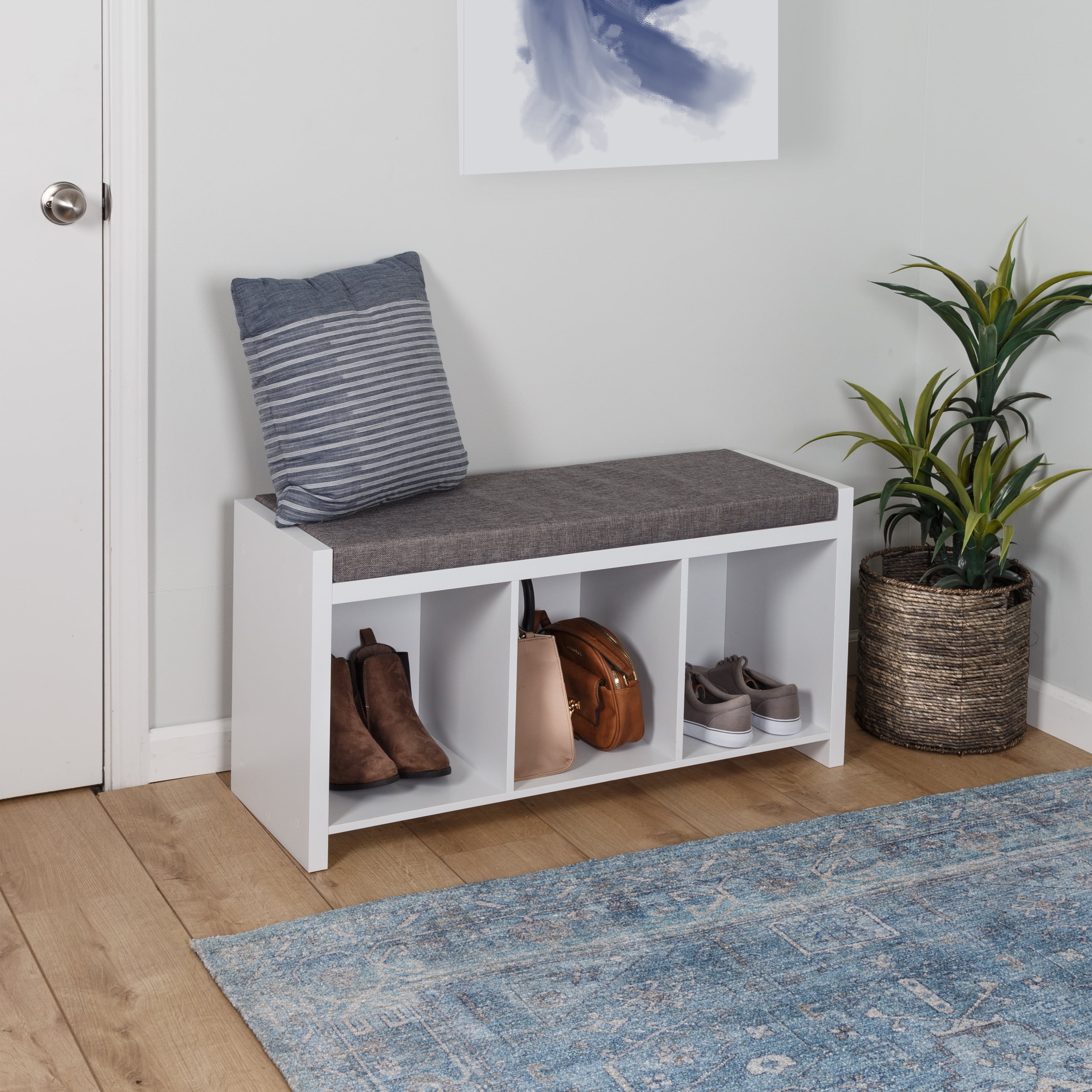 Honey-Can-Do Particle Board 37" W x 18.3" H 3-Cubby Shoe Storage Bench, White/Gray