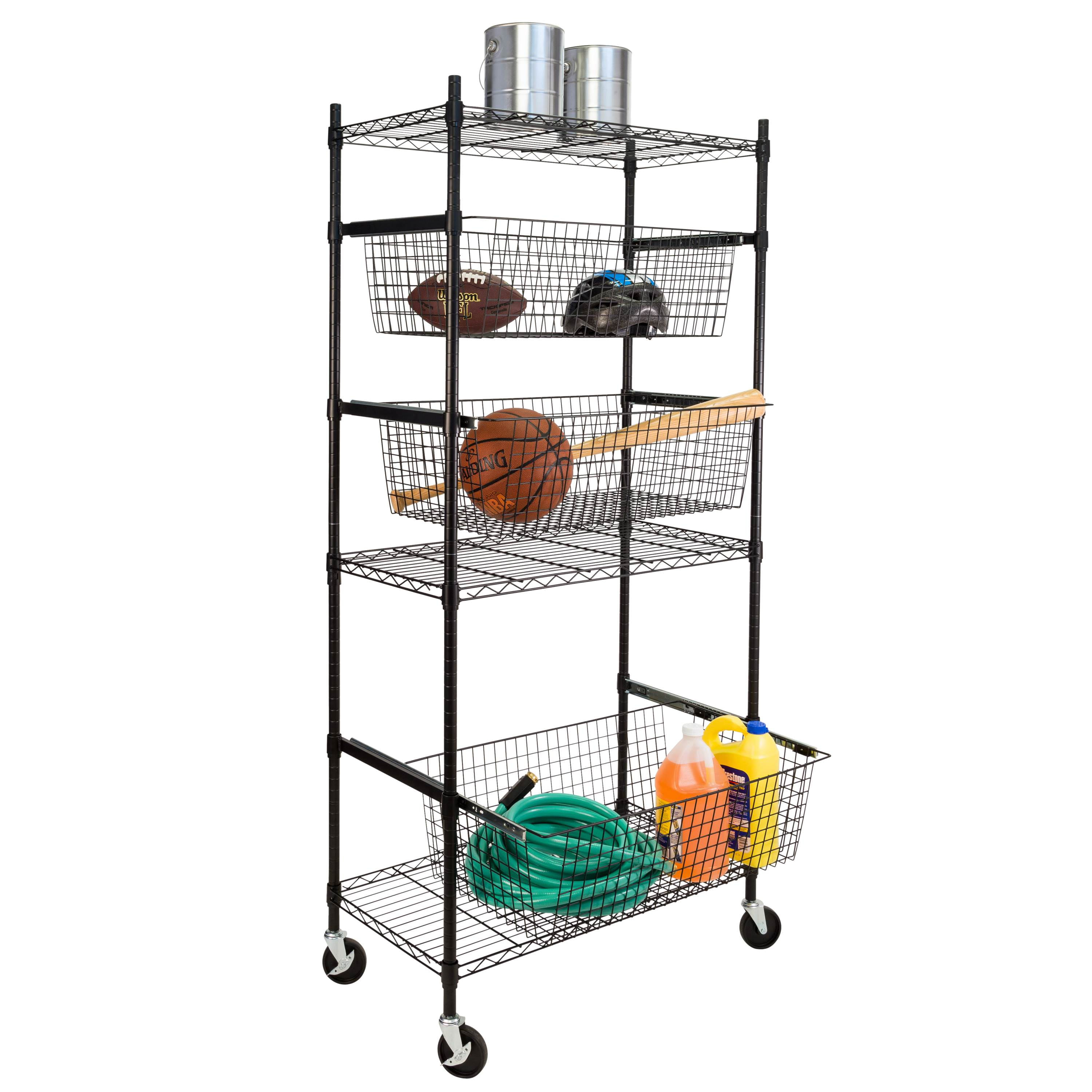 Honey-Can-Do Rolling 3-Shelf Steel Storage Shelves with 3 Baskets, Black, Holds up to  200 lb per Shelf