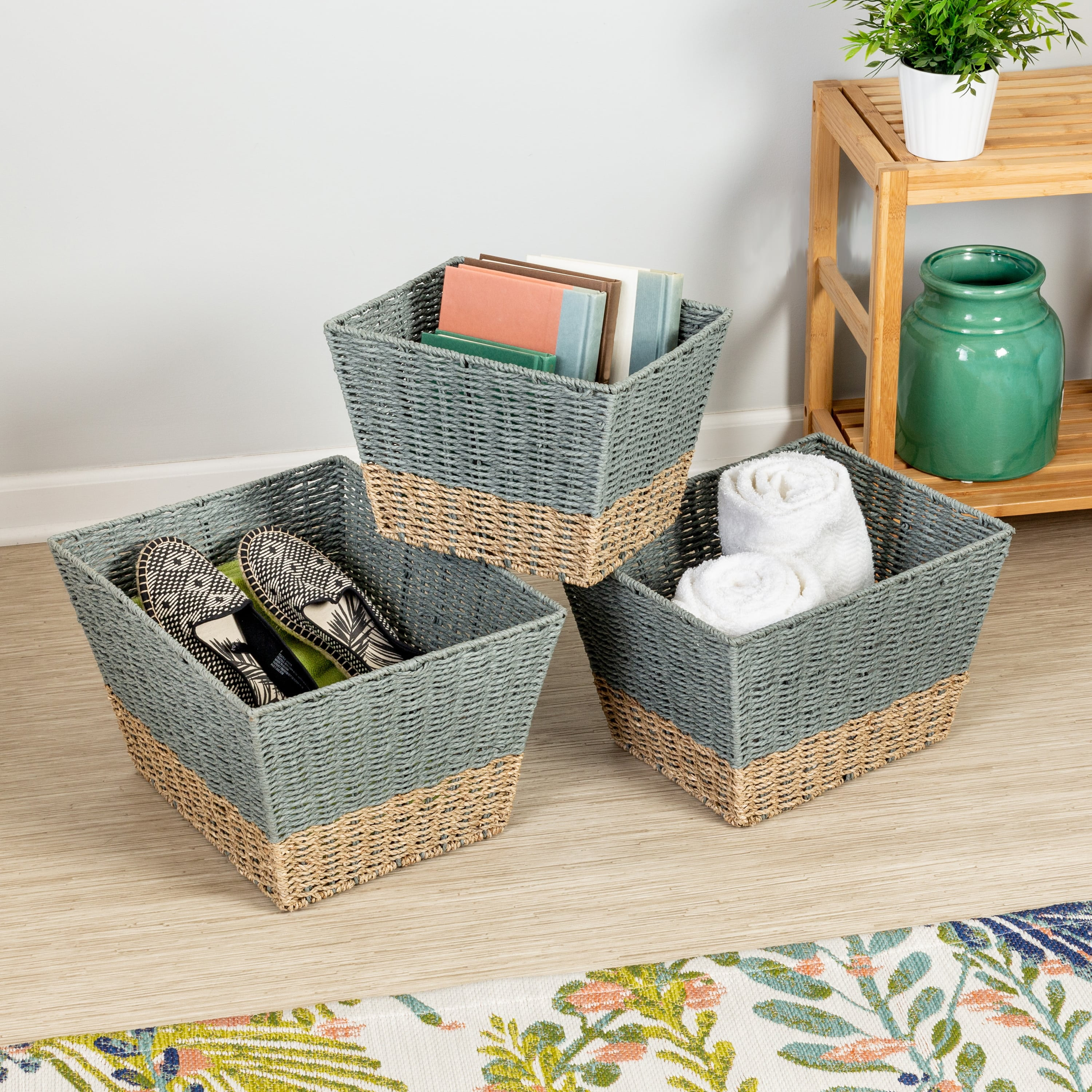 Honey-Can-Do Seagrass Set of 3 Square Nesting Storage Baskets, Natural and Gray