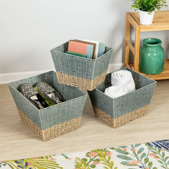 Honey-Can-Do Seagrass Set of 3 Square Nesting Storage Baskets, Natural and Gray