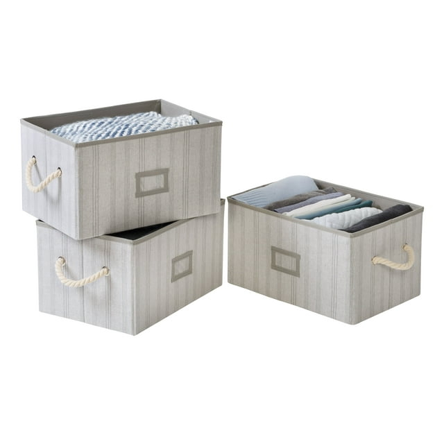 Honey-Can-Do Set of 3 Folding Large Fabric Storage Bins with Handles, Gray Stripes