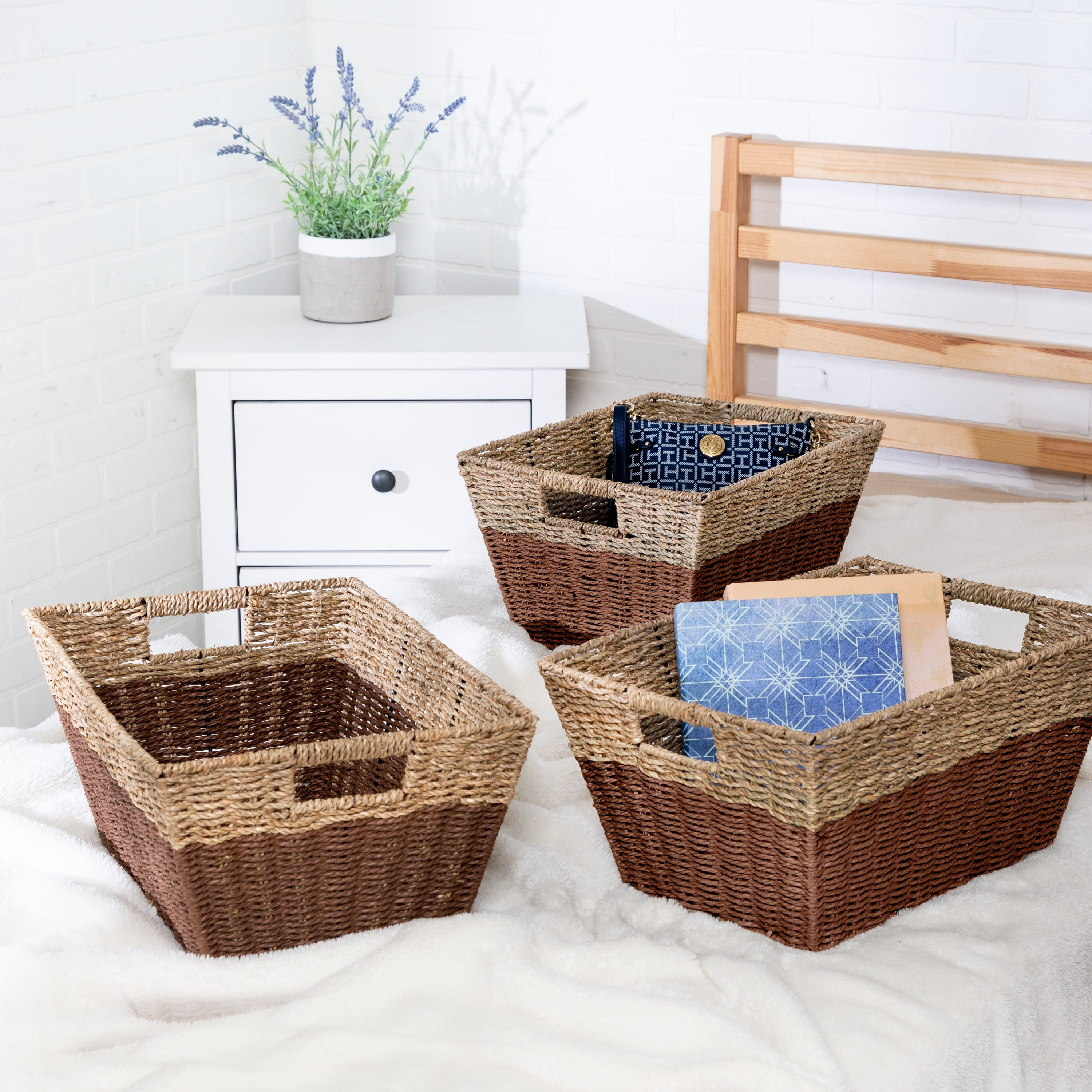 Honey-Can-Do Set of 3 Seagrass Nesting Storage Baskets with Cut-out Handles, Natural/Brown