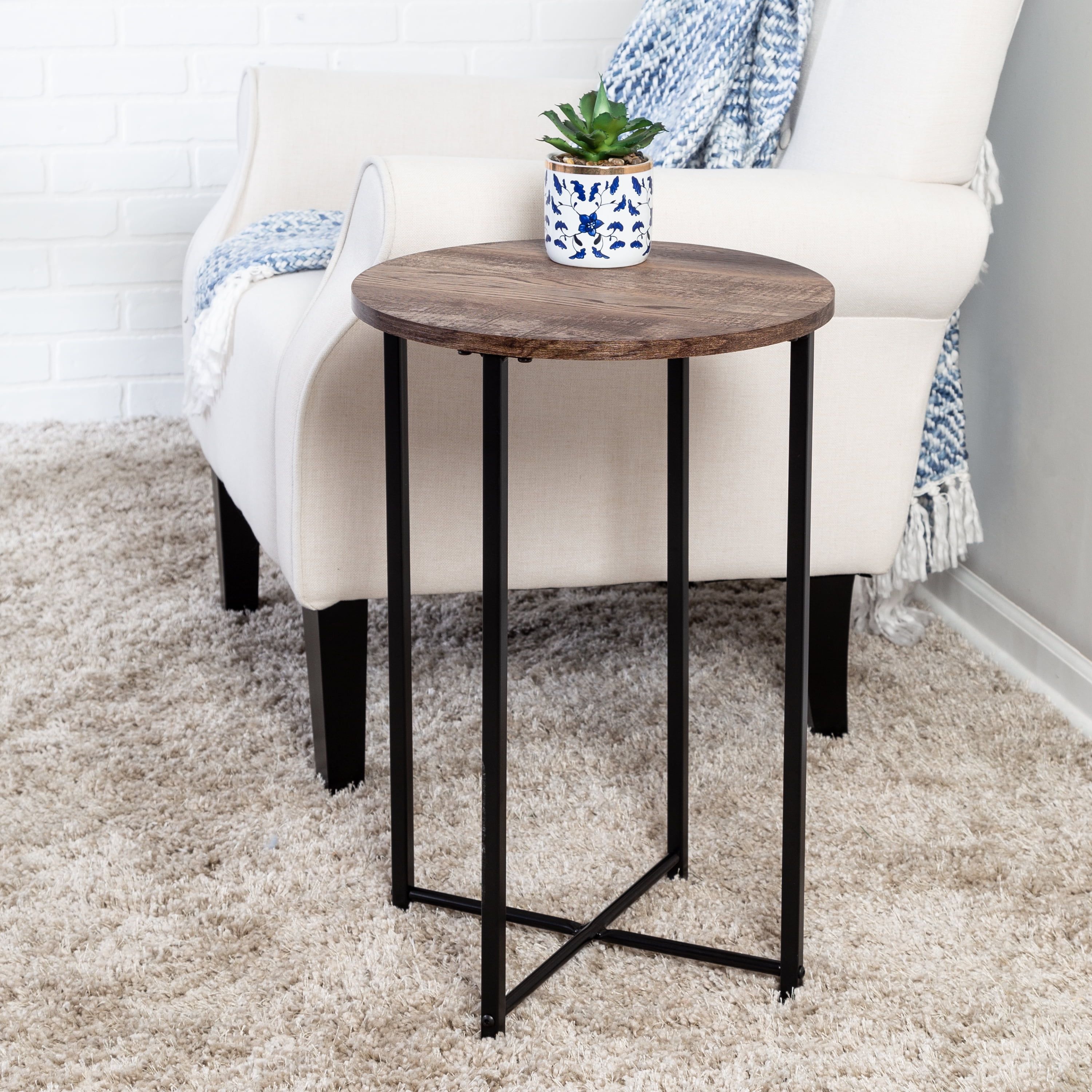 Honey-Can-Do Steel and MDF Round Side Table with X-Pattern Base, Black/Natural