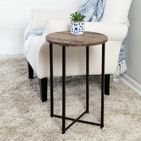Honey-Can-Do Steel and MDF Round Side Table with X-Pattern Base, Black/Natural