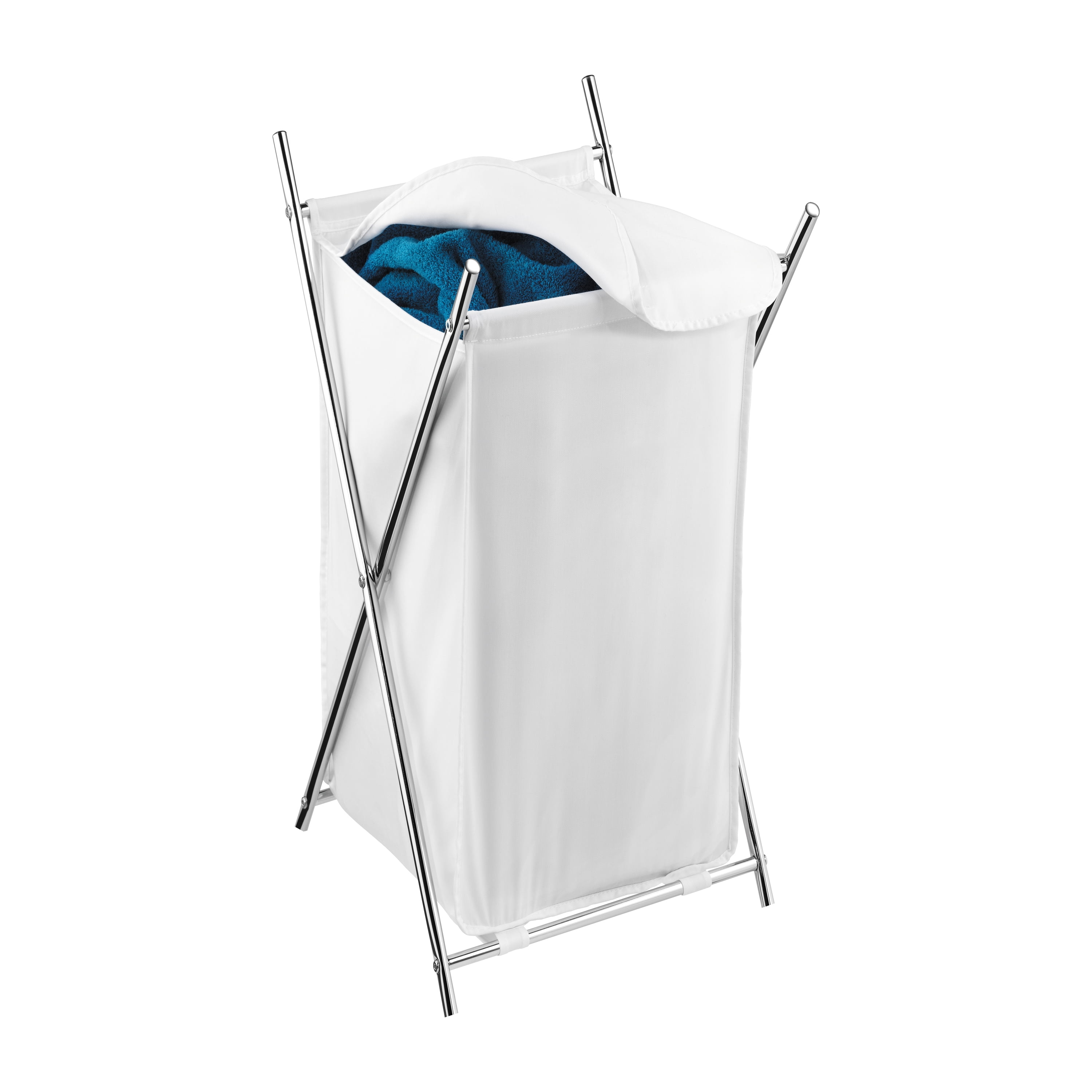 Honey-Can-Do Folding Hamper Chrome: Steel Frame, Collapsible Laundry Sorter with Lid, 3 Volume Capacity, Silver