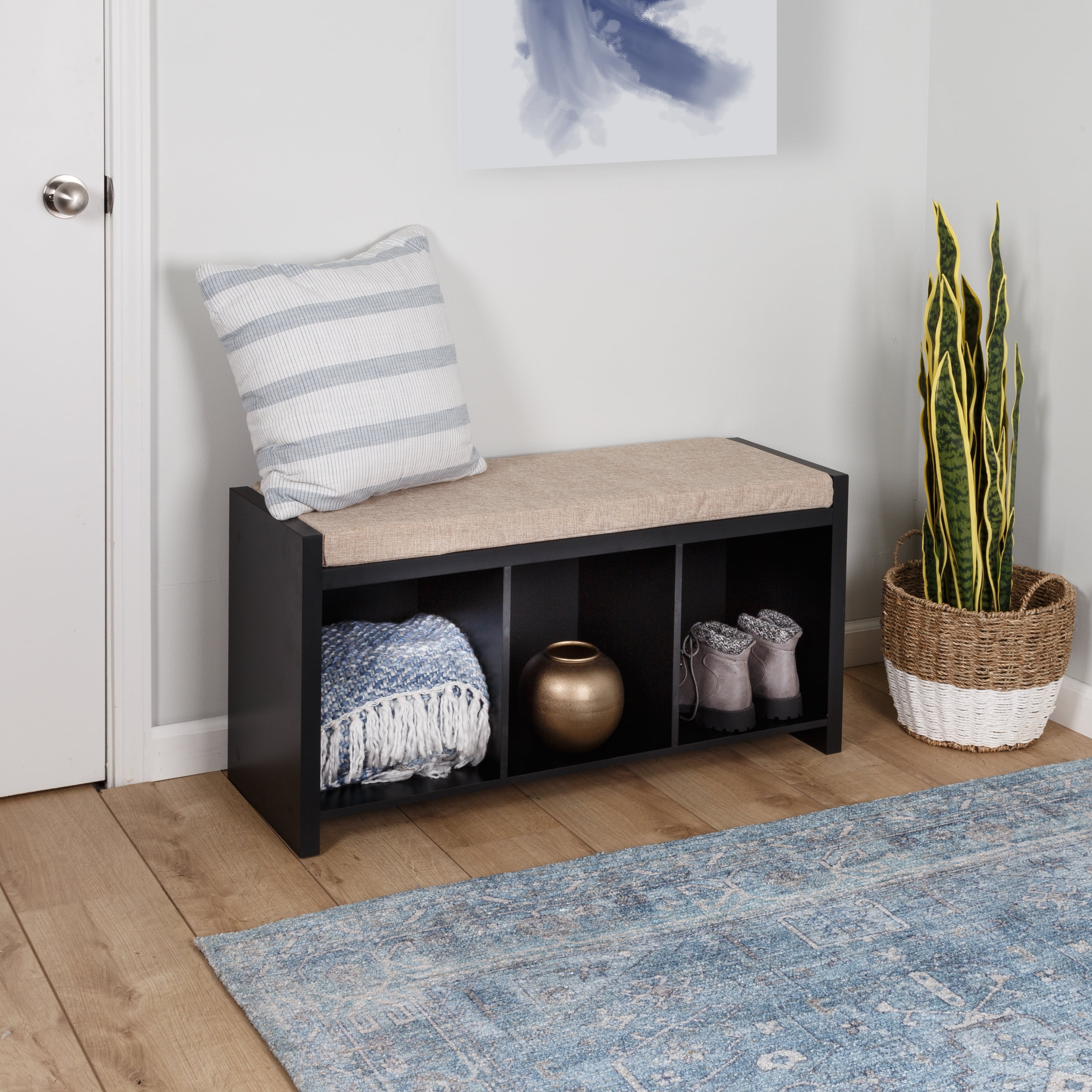 Honey-Can-Do Wood 3-Cubby Shoe Storage Organizer Bench with Cushion, Black/Tan