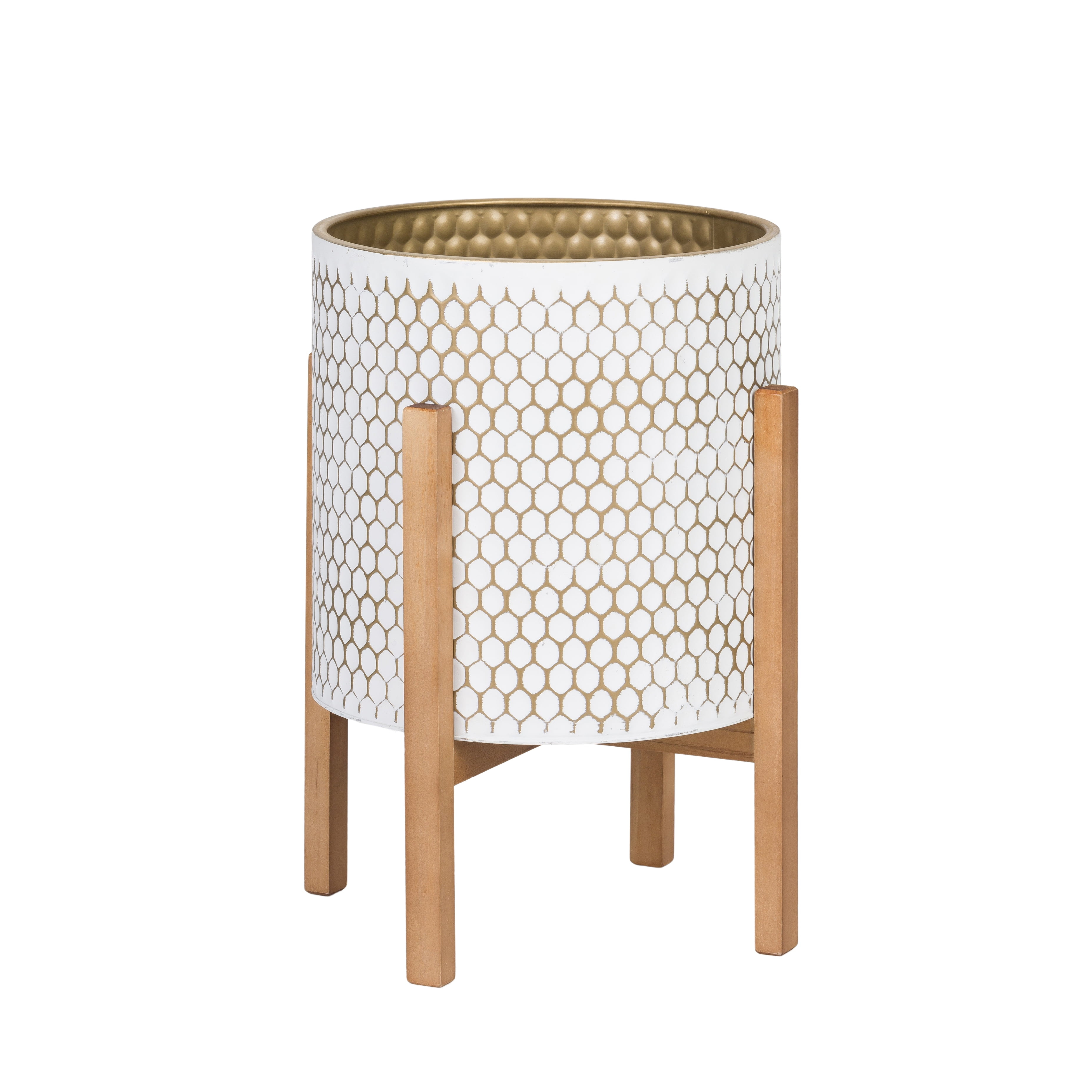Honeycomb Mid-Century Modern Indoor Metal Pot Planter with 4-Leg Wood Base - 18.25" H x 14" W
