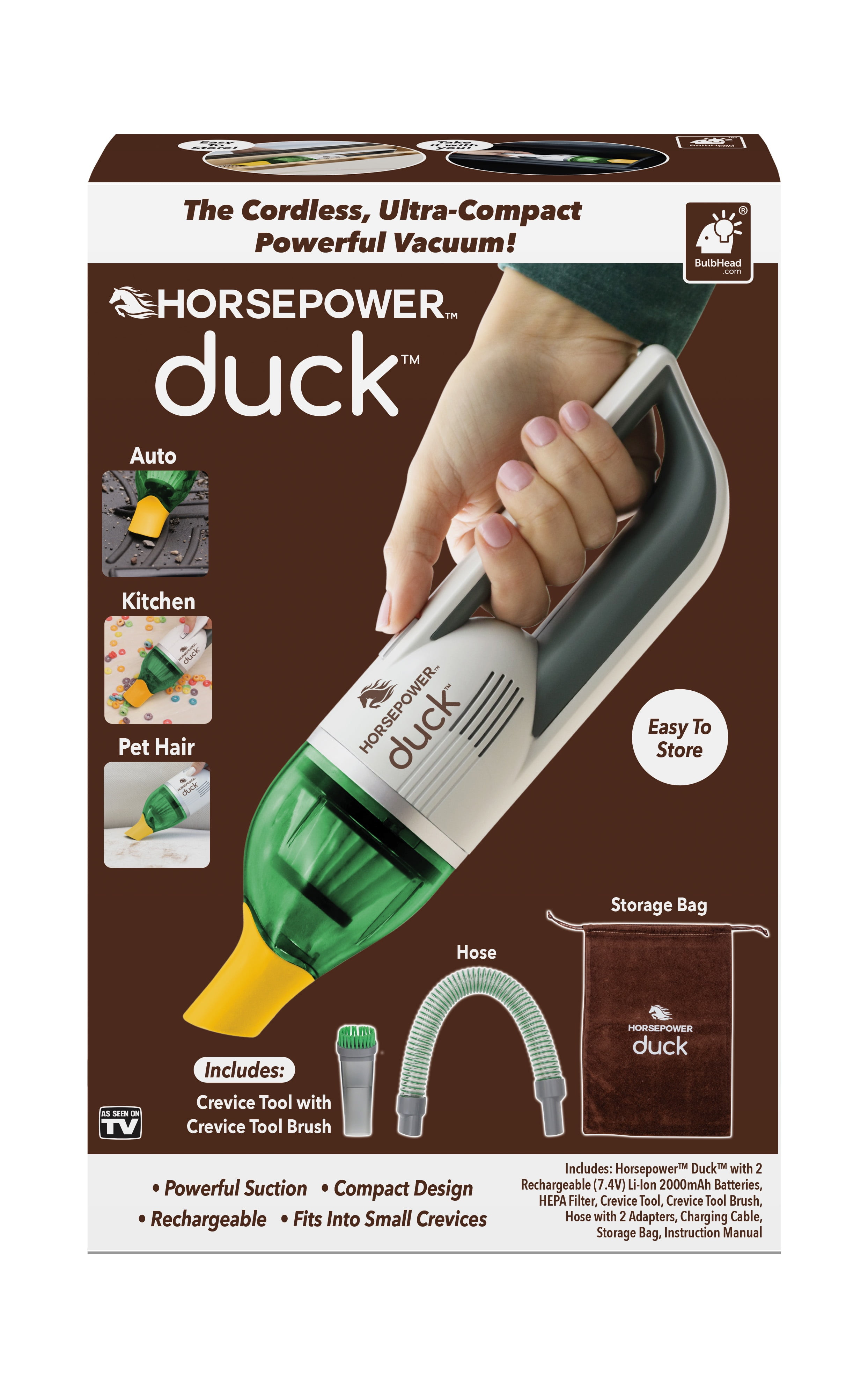 Horsepower Duck Vacuum, Rechargeable Handheld Vacuum with Accessories - New - Cordless - Portable - As Seen on TV