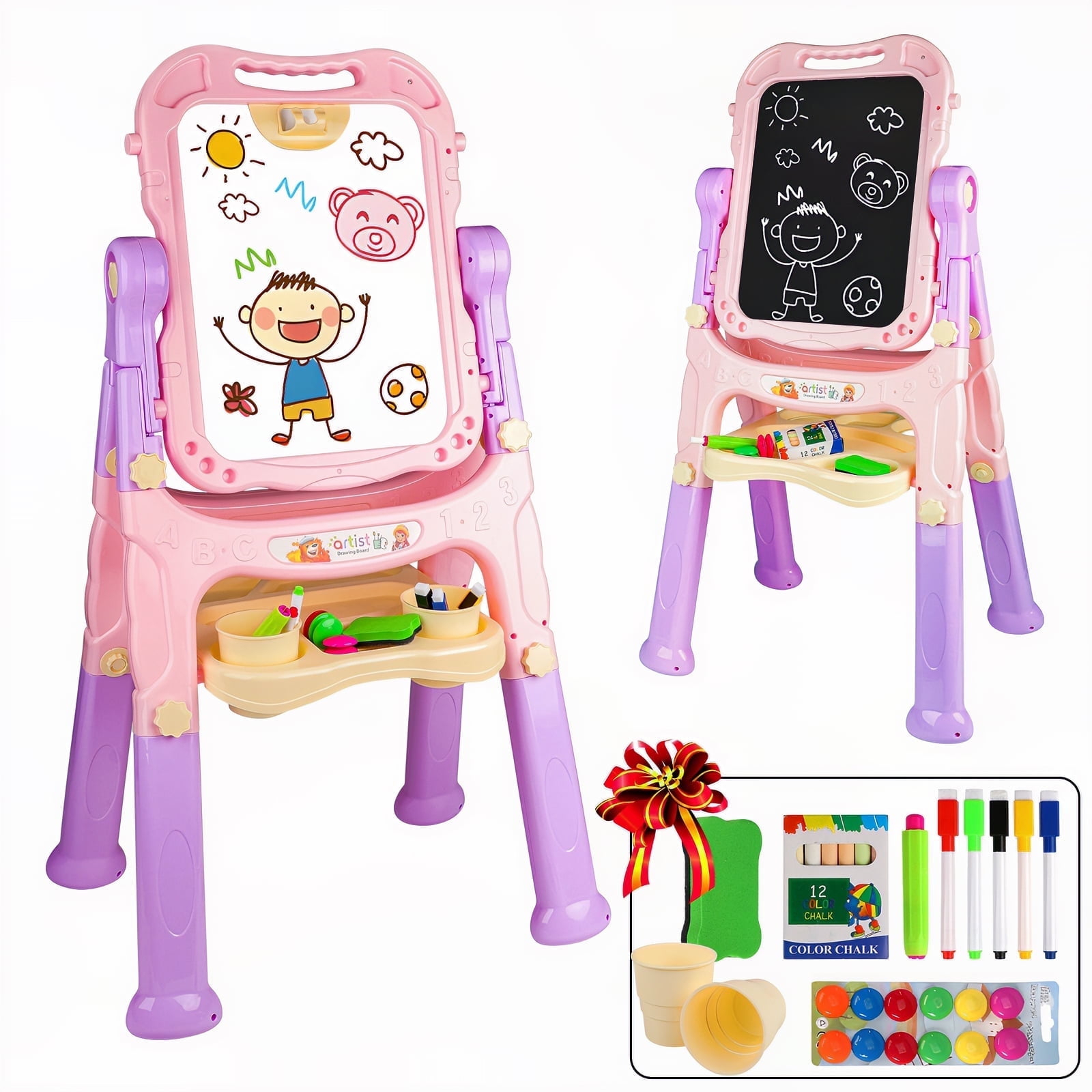Easel for Kids, Adjustable Standing Art Easel for Toddler, Double Magnetic Drawing Board with Painting Accessories, Birthday Christmas Gift for Little Boys and Girls,  Pink