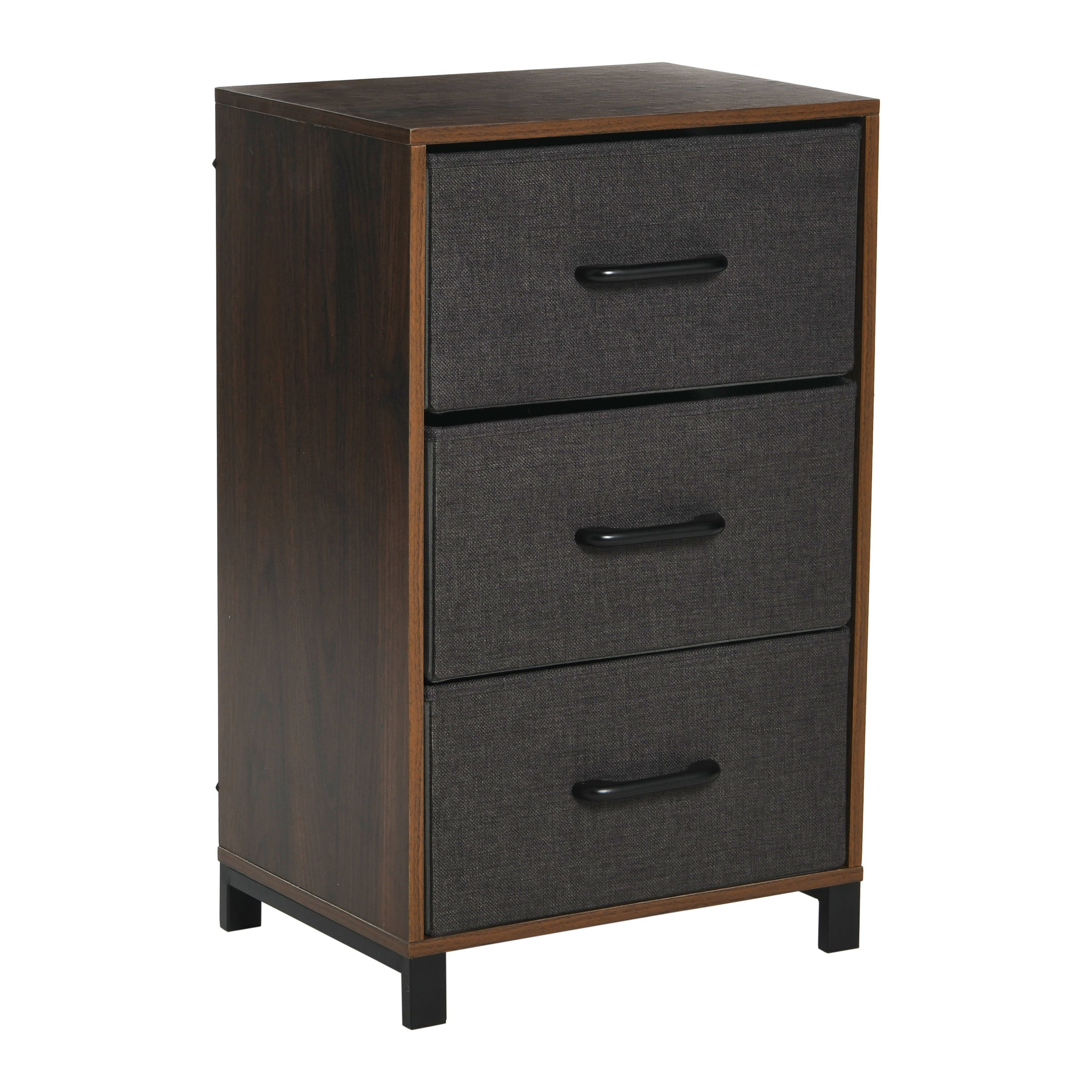 Household Essentials 3 Drawer Dresser, Narrow Storage Chest, Multi-Color Drawers, Wire Backing and Metal Feet, Wood Handles, Mid Century Walnut Laminate