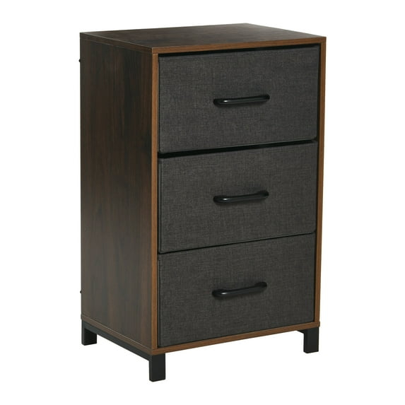 Household Essentials 3 Drawer Dresser, Narrow Storage Chest, Multi-Color Drawers, Wire Backing and Metal Feet, Wood Handles, Mid Century Walnut Laminate